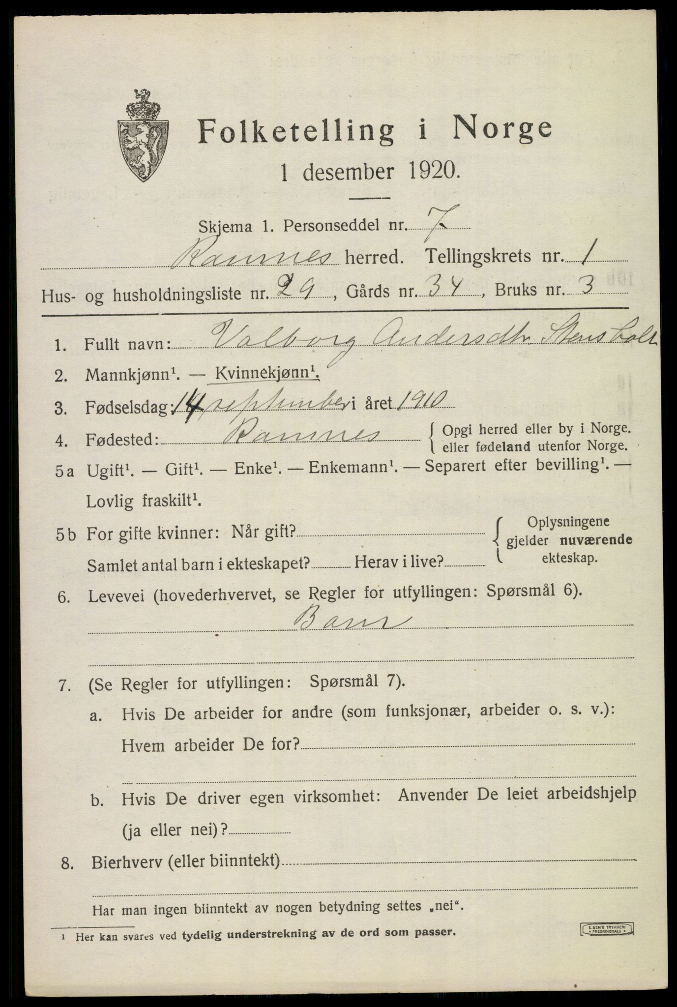 SAKO, 1920 census for Ramnes, 1920, p. 1522