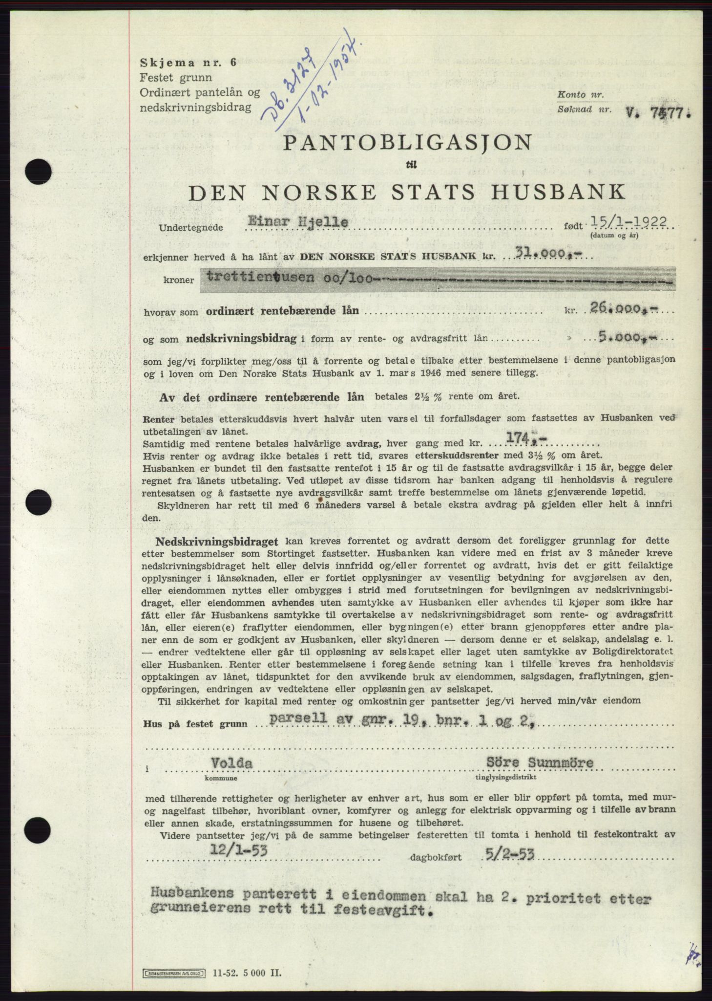 Søre Sunnmøre sorenskriveri, AV/SAT-A-4122/1/2/2C/L0126: Mortgage book no. 14B, 1954-1955, Diary no: : 3127/1954