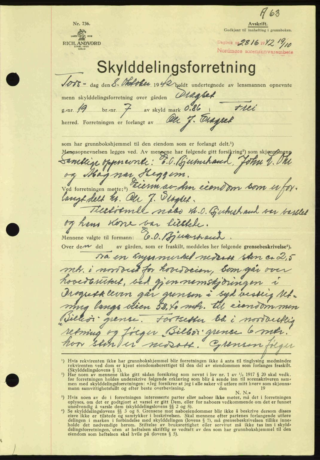 Nordmøre sorenskriveri, AV/SAT-A-4132/1/2/2Ca: Mortgage book no. A94, 1942-1943, Diary no: : 2816/1942