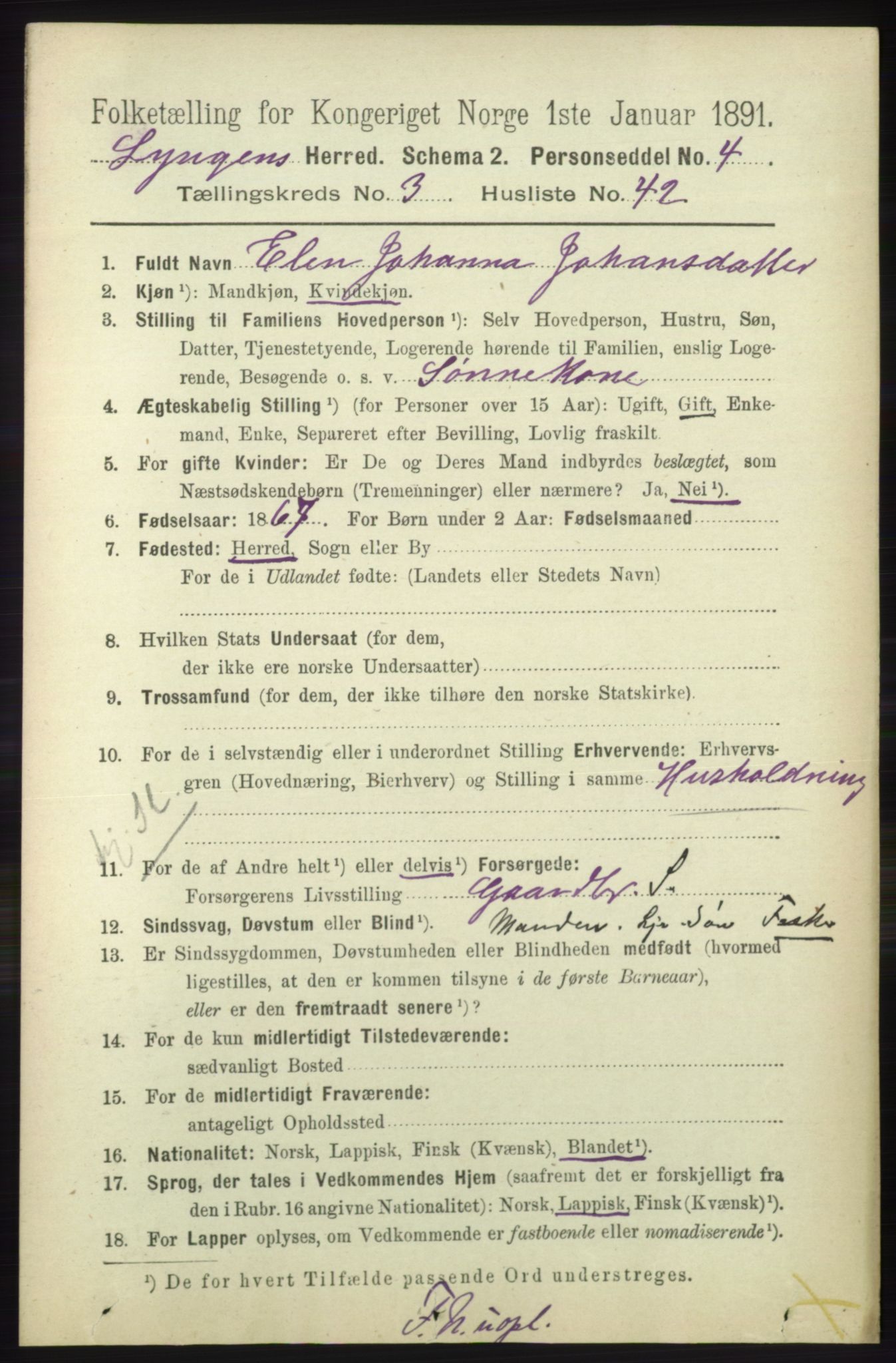 RA, 1891 census for 1938 Lyngen, 1891, p. 3422