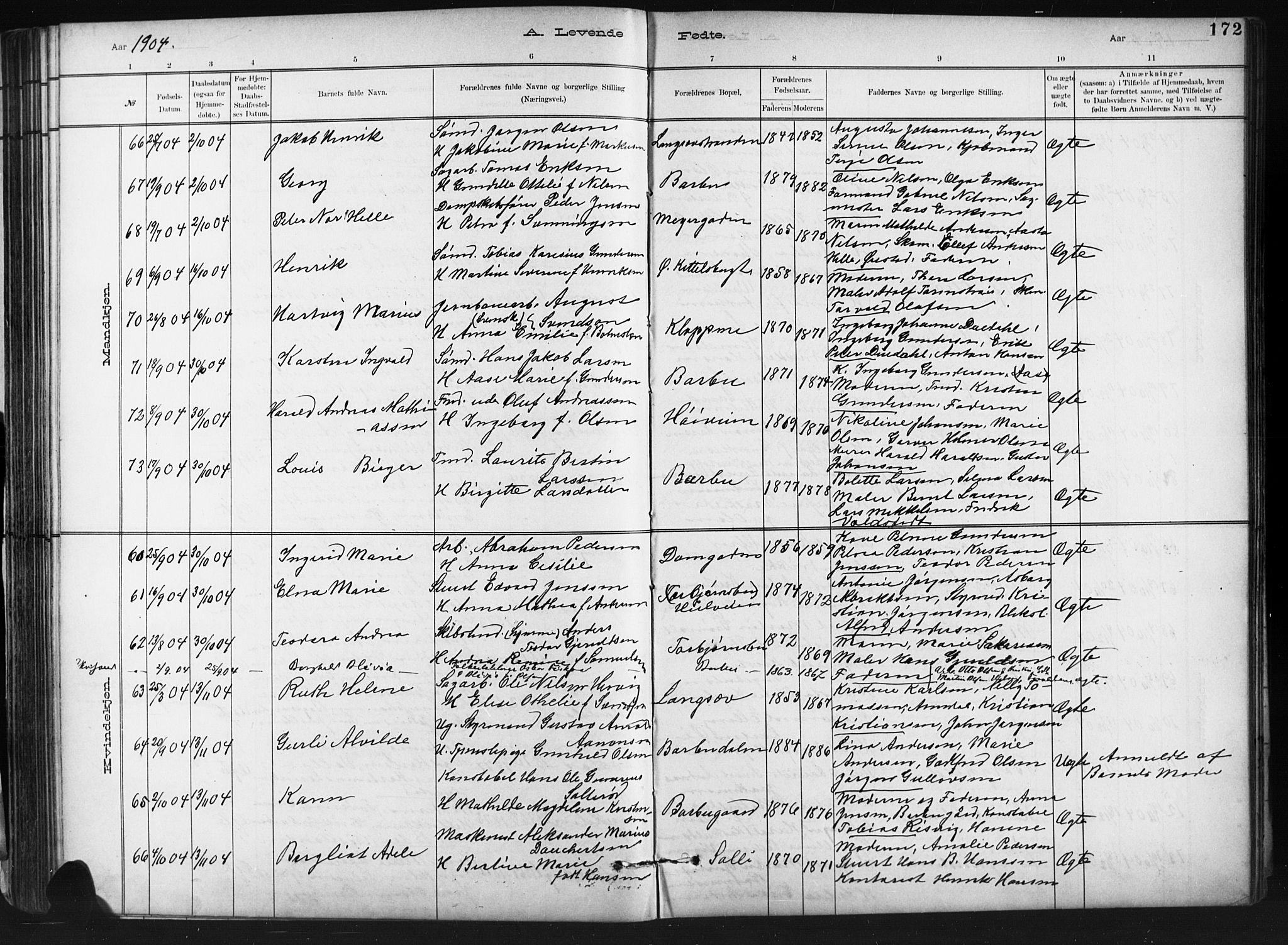 Barbu sokneprestkontor, SAK/1111-0003/F/Fb/L0002: Parish register (copy) no. B 2, 1890-1922, p. 172