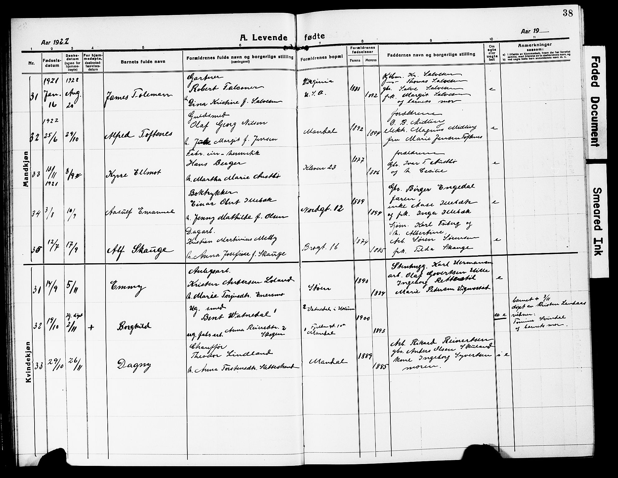 Mandal sokneprestkontor, SAK/1111-0030/F/Fb/Fbc/L0001: Parish register (copy) no. B 1, 1918-1931, p. 38