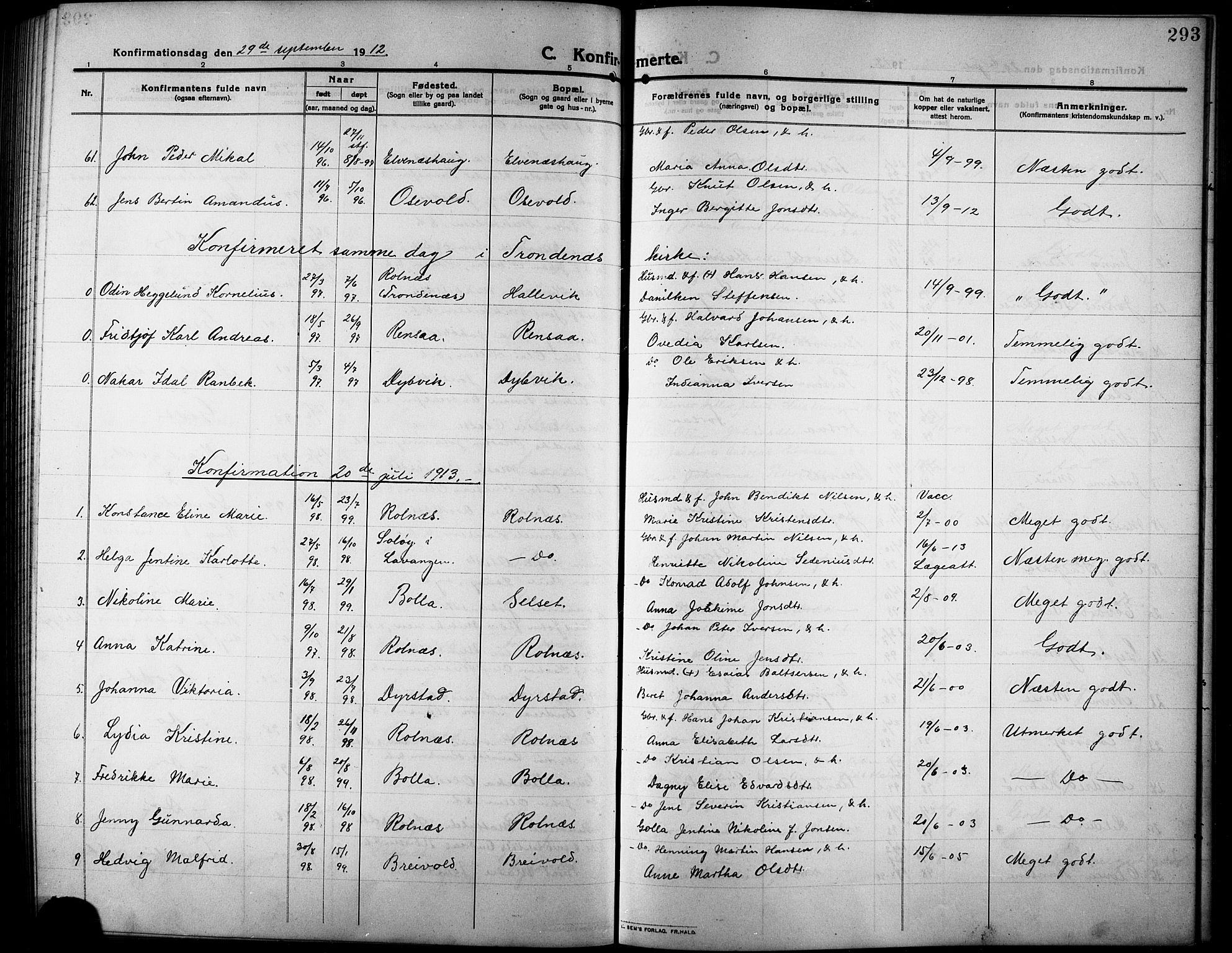 Ibestad sokneprestembete, AV/SATØ-S-0077/H/Ha/Hab/L0009klokker: Parish register (copy) no. 9, 1902-1914, p. 293