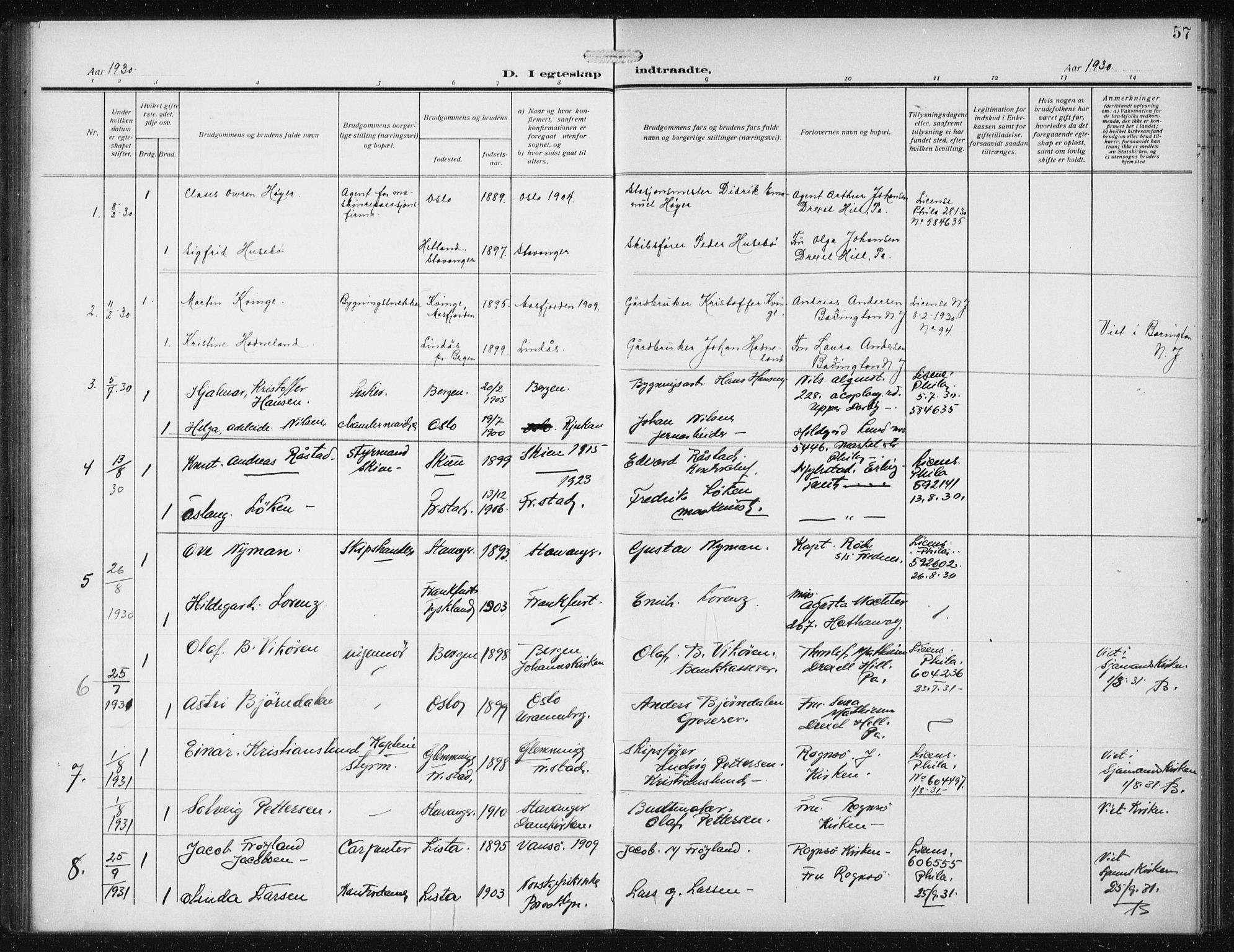 Den norske sjømannsmisjon i utlandet/Philadelphia, AV/SAB-SAB/PA-0113/H/Ha/L0001: Parish register (official) no. A 1, 1912-1931, p. 57