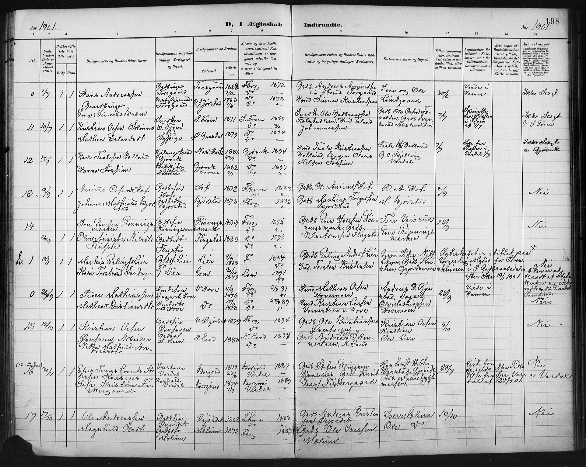 Fåberg prestekontor, AV/SAH-PREST-086/H/Ha/Hab/L0011: Parish register (copy) no. 11, 1901-1921, p. 198