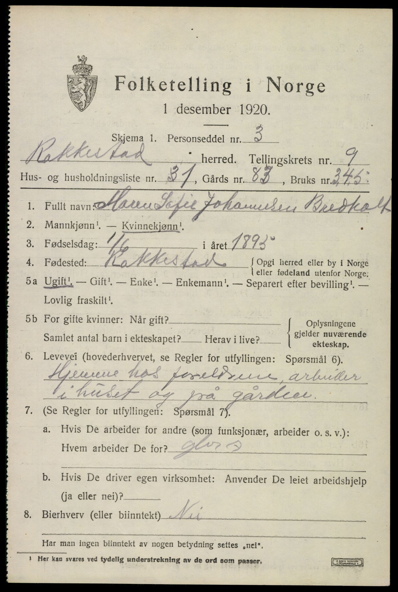 SAO, 1920 census for Rakkestad, 1920, p. 8231