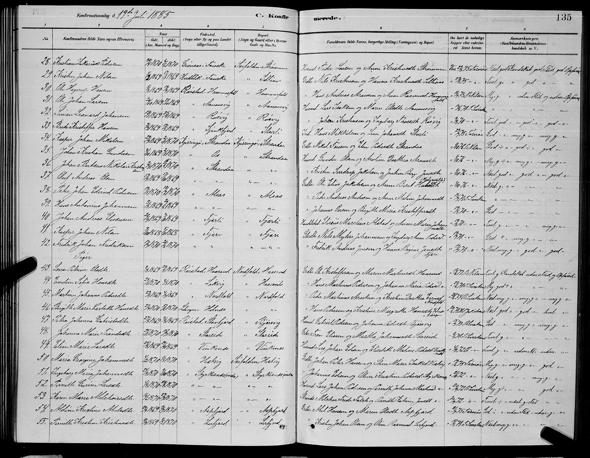 Ministerialprotokoller, klokkerbøker og fødselsregistre - Nordland, AV/SAT-A-1459/853/L0776: Parish register (copy) no. 853C04, 1878-1889, p. 135
