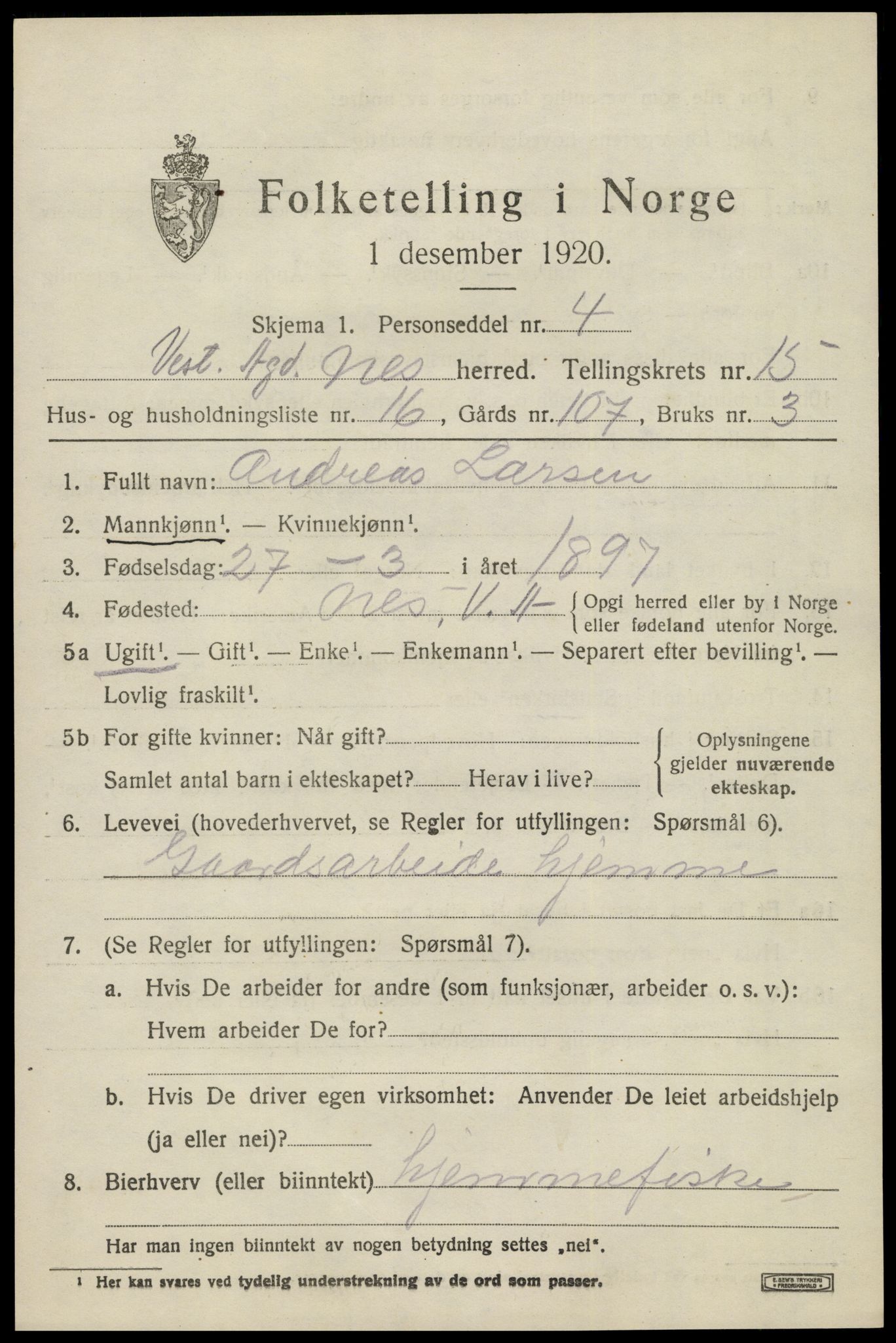 SAK, 1920 census for Nes (V-A), 1920, p. 5736