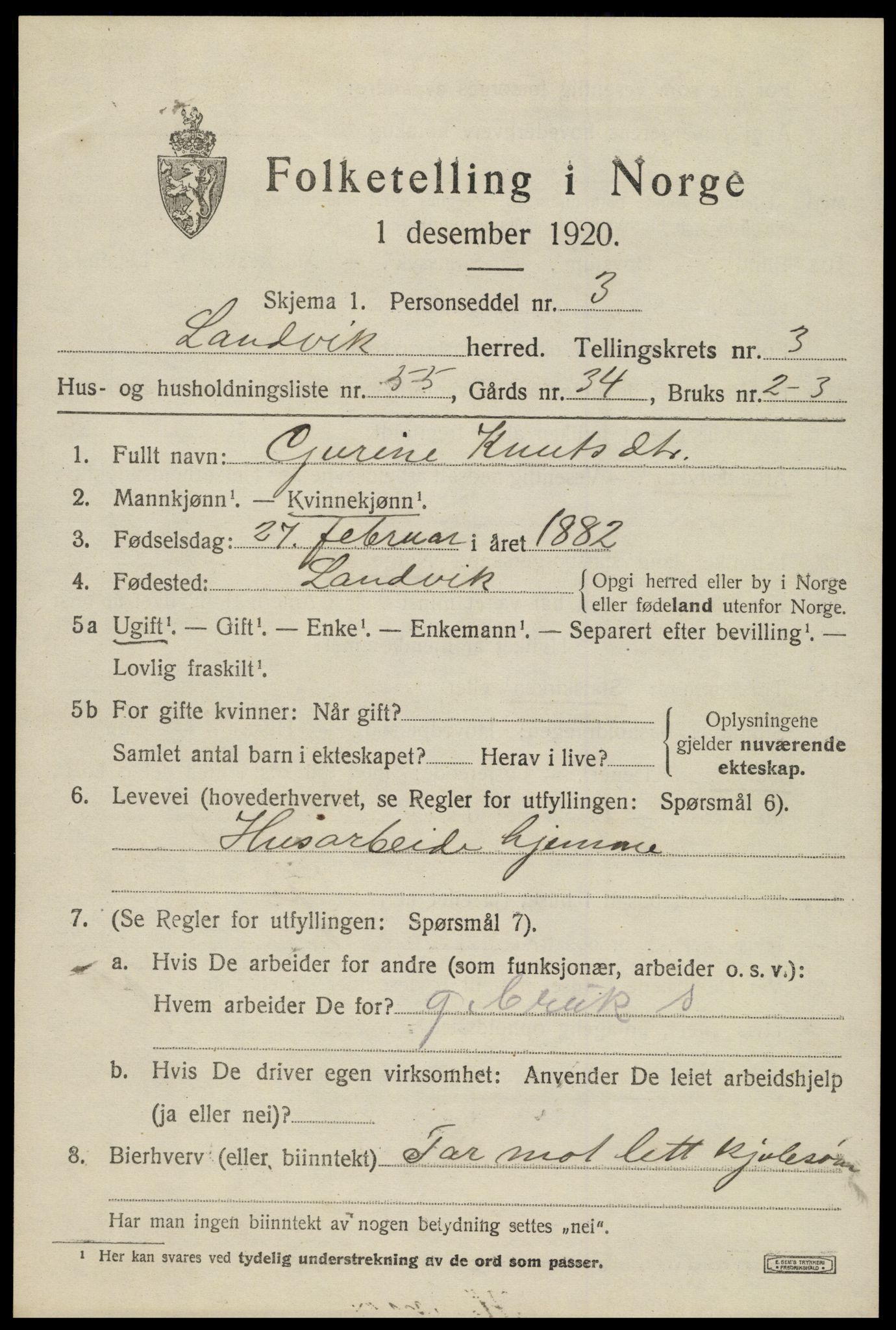 SAK, 1920 census for Landvik, 1920, p. 3420