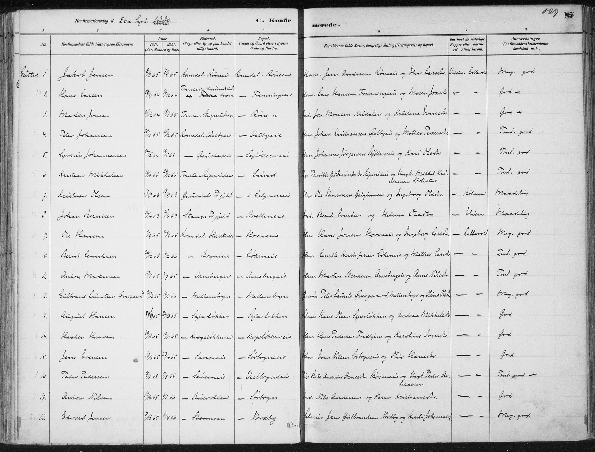 Romedal prestekontor, SAH/PREST-004/K/L0010: Parish register (official) no. 10, 1880-1895, p. 129
