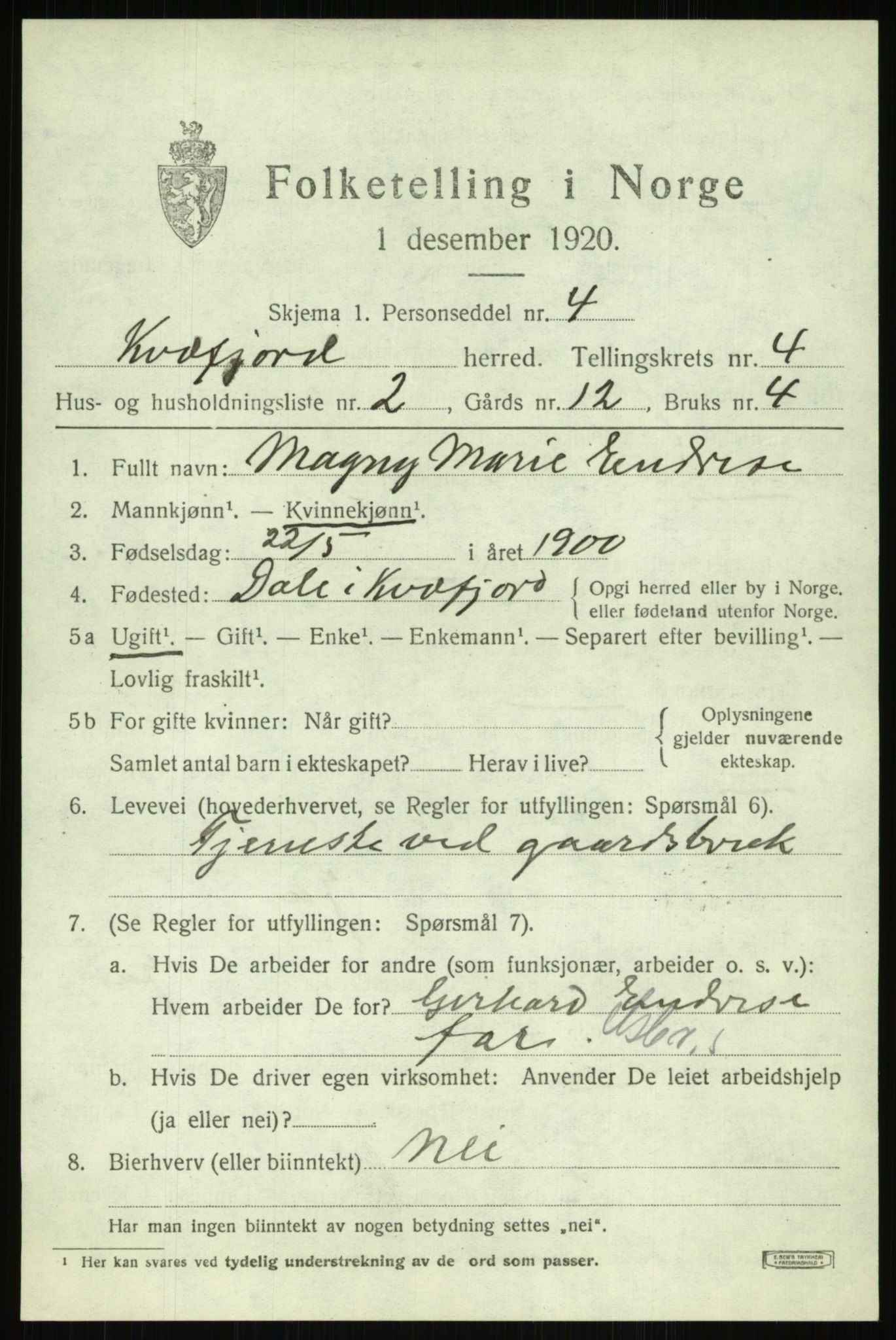 SATØ, 1920 census for Kvæfjord, 1920, p. 2149