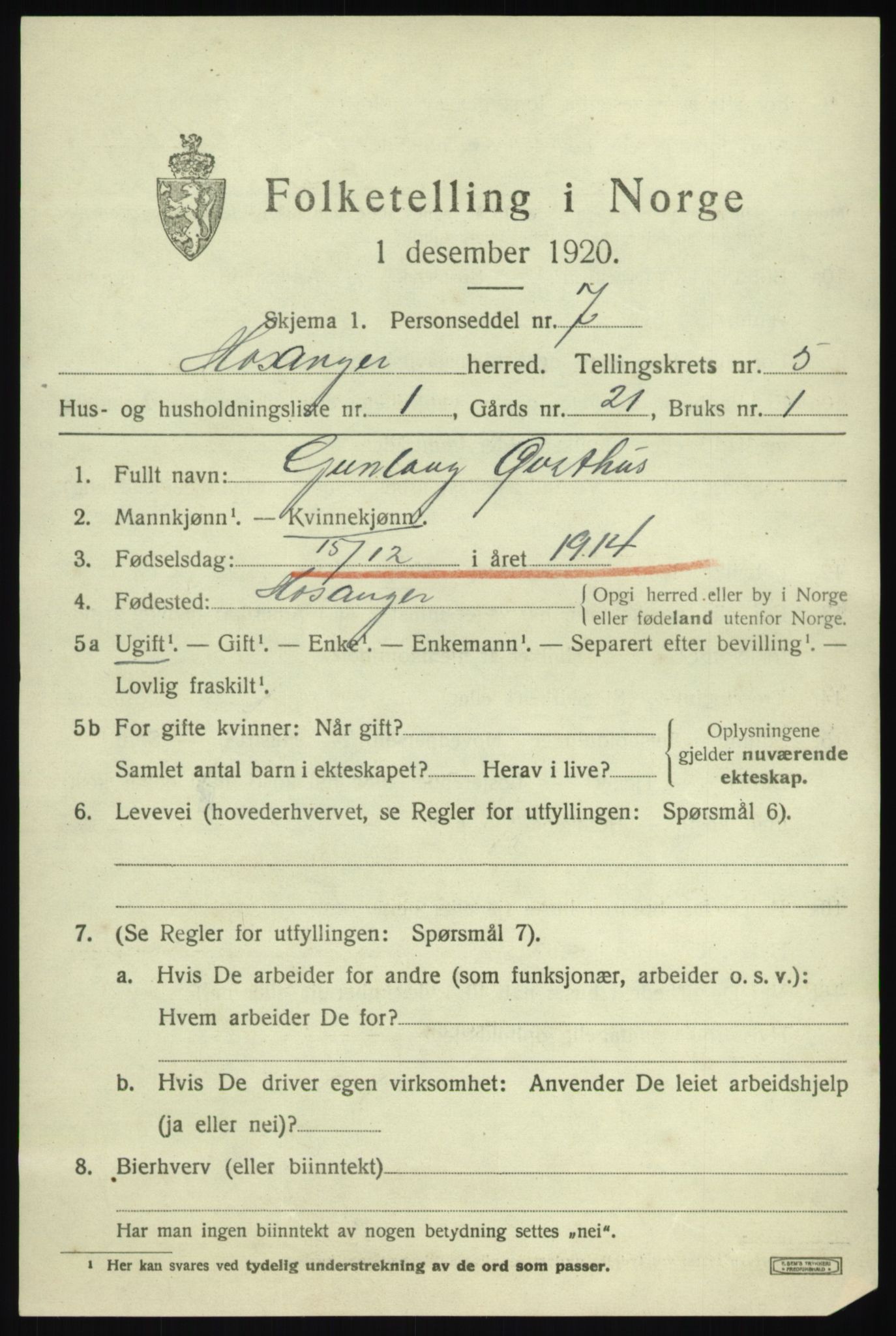 SAB, 1920 census for Hosanger, 1920, p. 2353