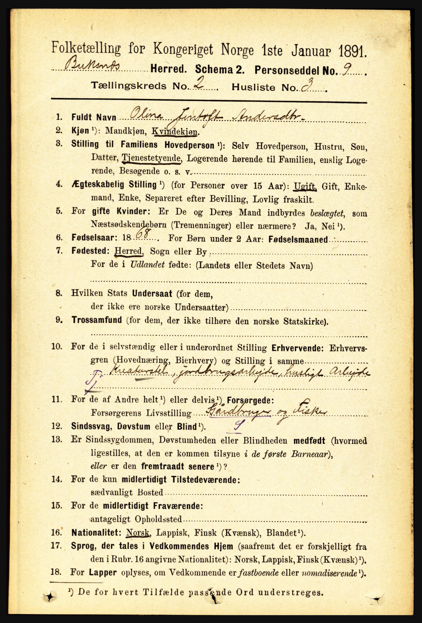 RA, 1891 census for 1860 Buksnes, 1891, p. 1622