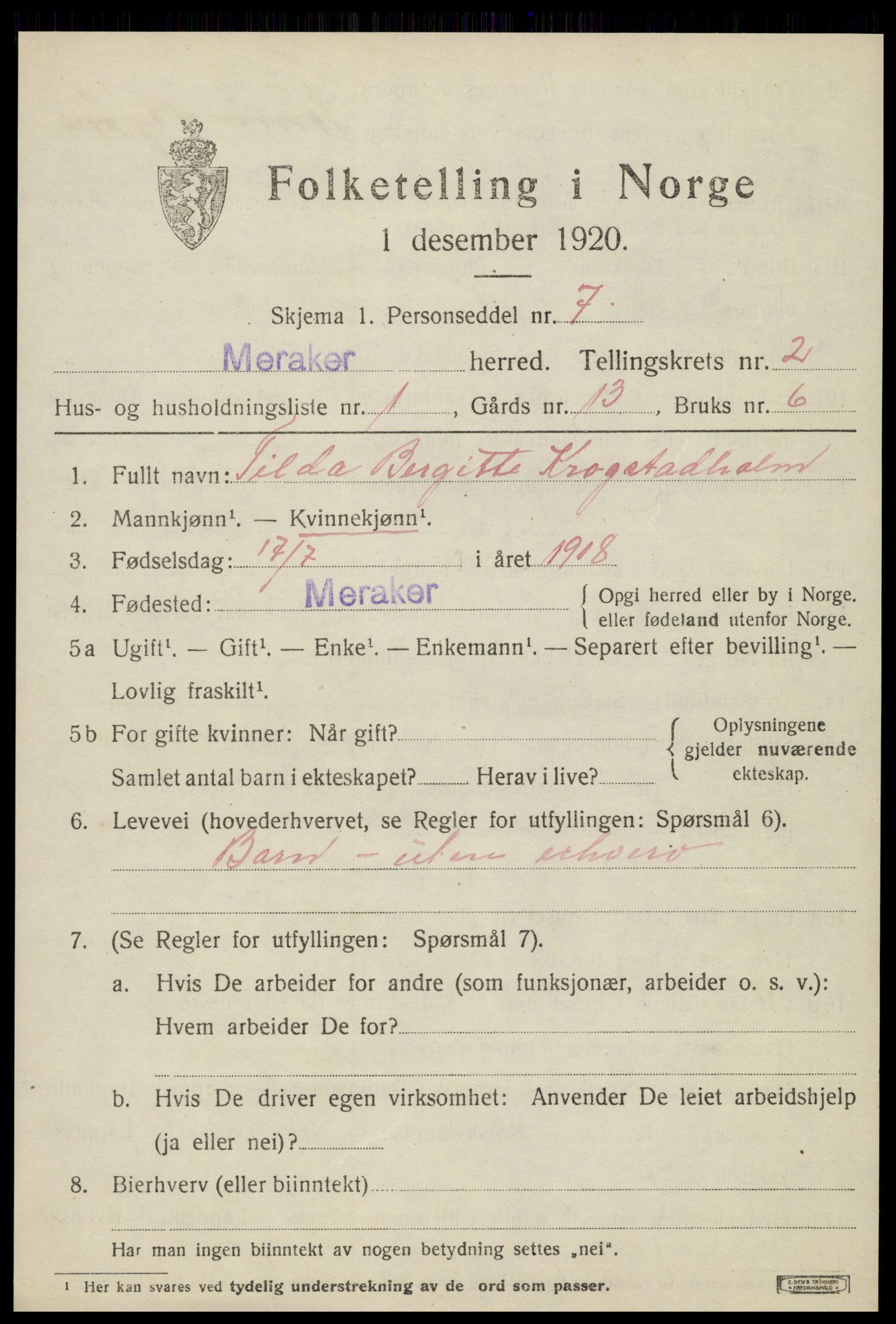 SAT, 1920 census for Meråker, 1920, p. 1746