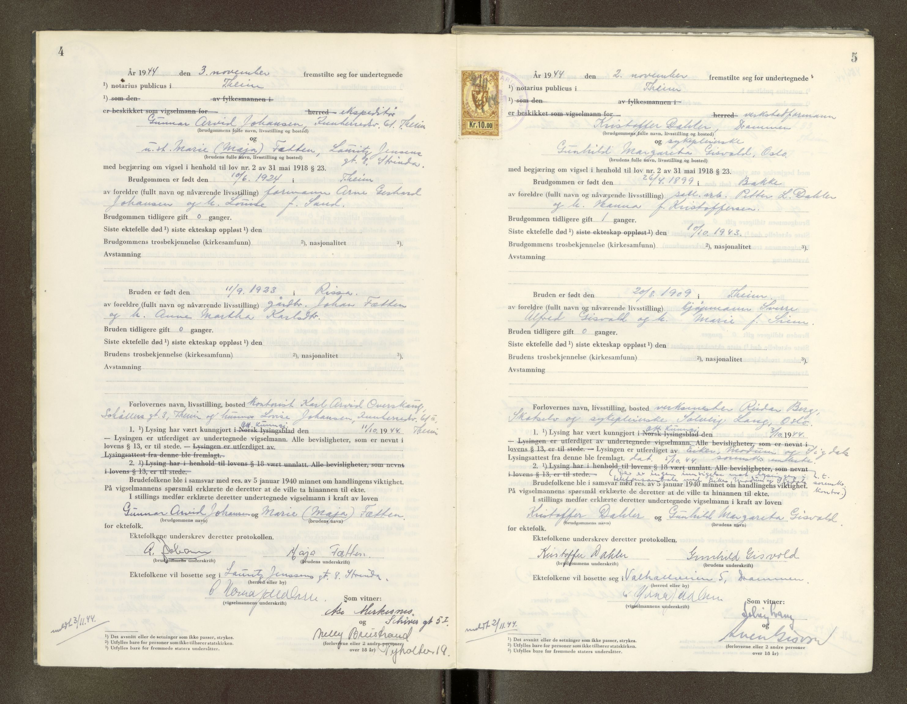 Trondheim byfogd, AV/SAT-A-0003/1/6/6D/L0005: Vigselbøker, 1944-1948, p. 4-5