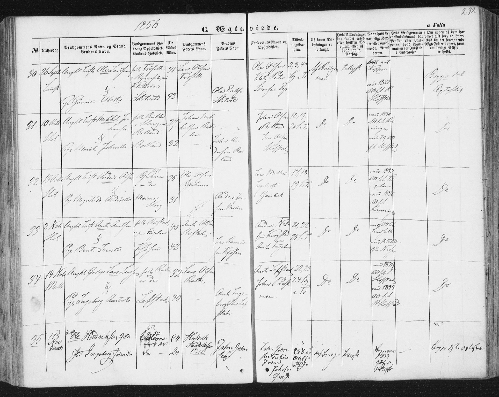 Ministerialprotokoller, klokkerbøker og fødselsregistre - Sør-Trøndelag, AV/SAT-A-1456/691/L1076: Parish register (official) no. 691A08, 1852-1861, p. 292