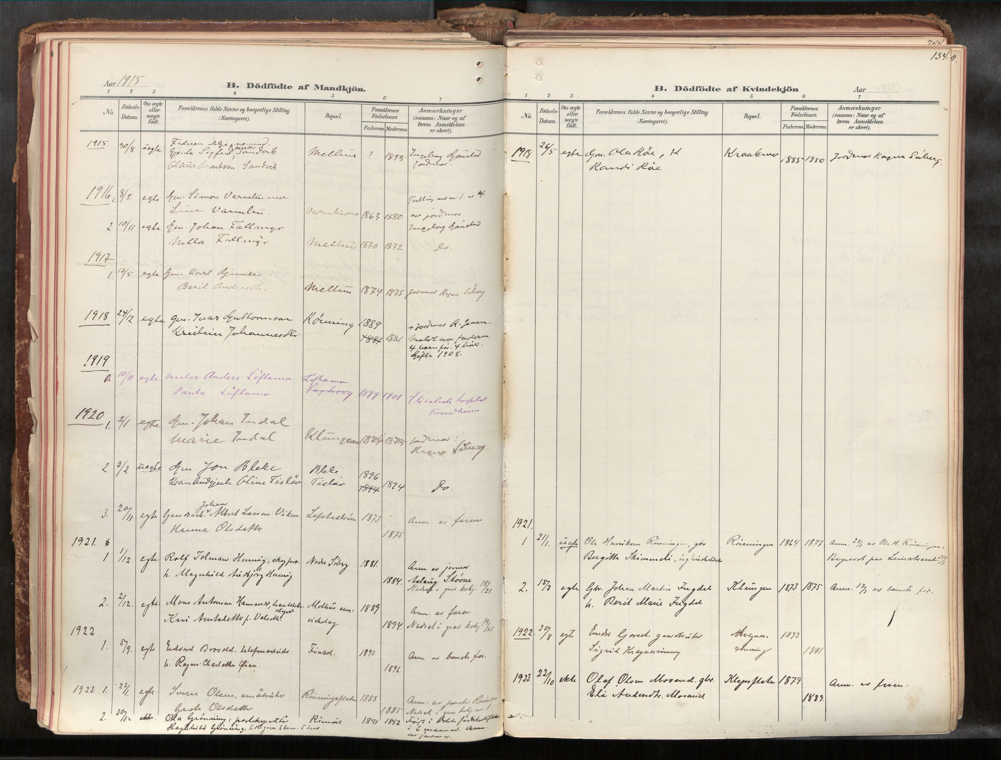 Ministerialprotokoller, klokkerbøker og fødselsregistre - Sør-Trøndelag, SAT/A-1456/691/L1085b: Parish register (official) no. 691A18, 1908-1930, p. 154