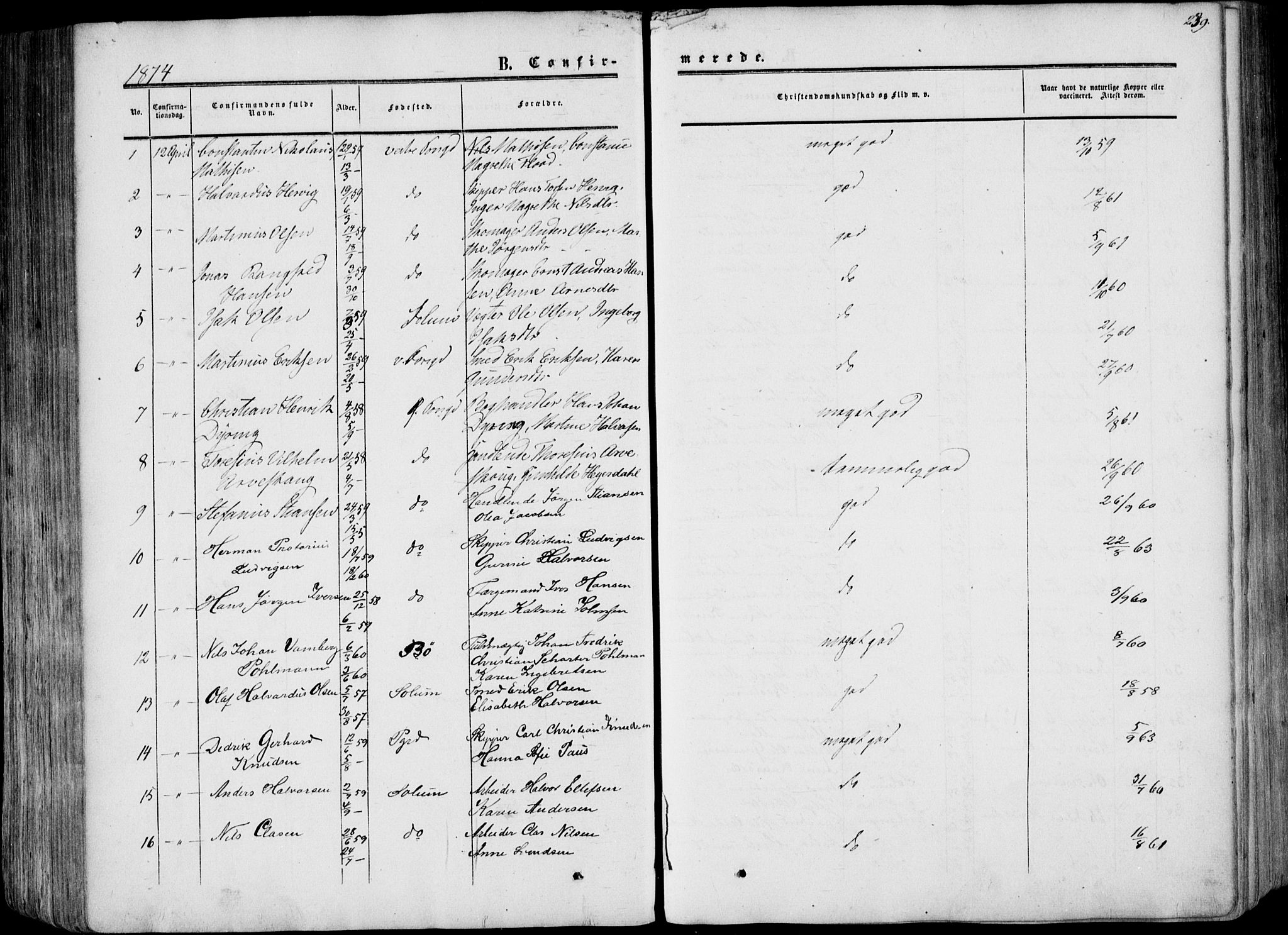 Porsgrunn kirkebøker , SAKO/A-104/F/Fa/L0007: Parish register (official) no. 7, 1858-1877, p. 239
