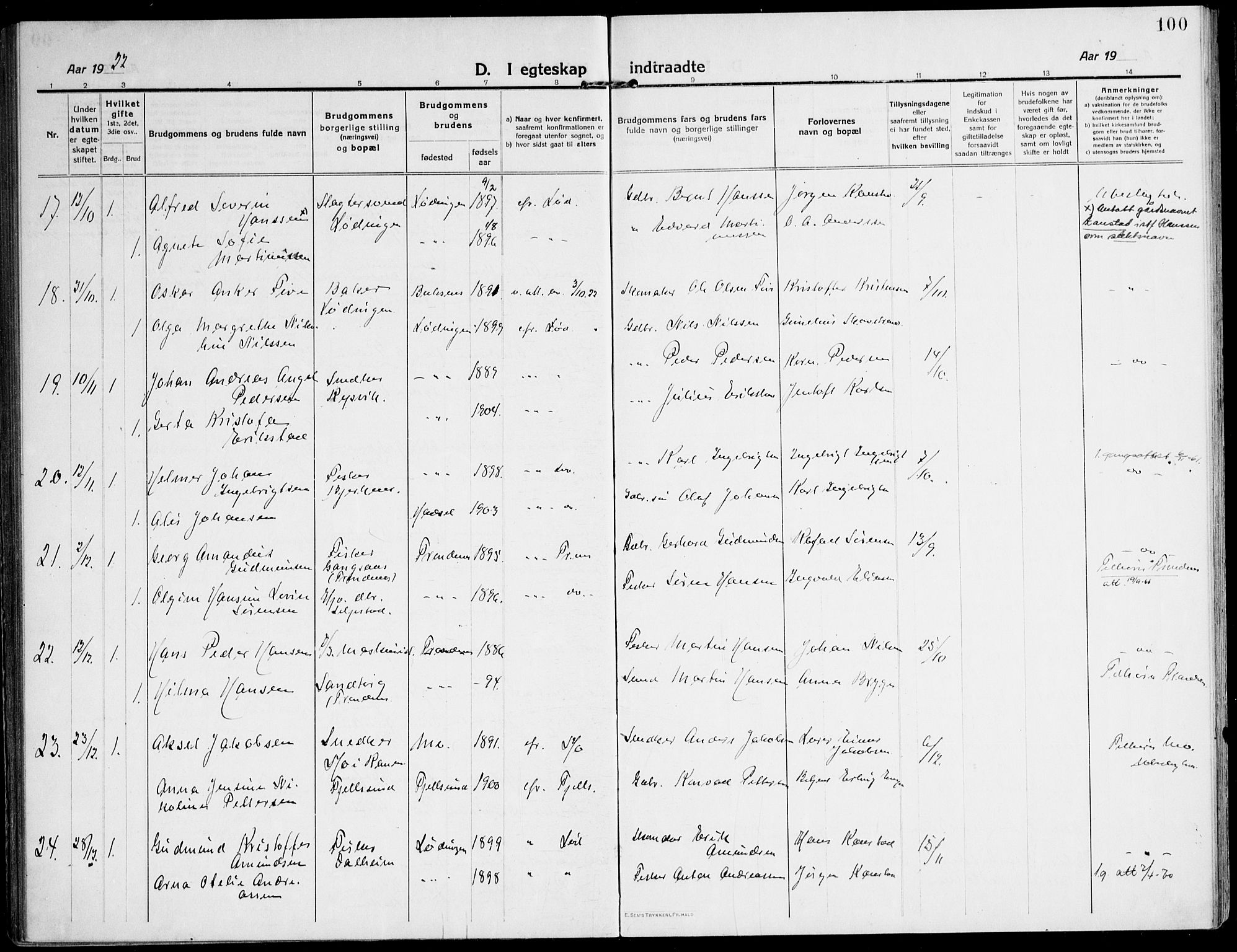 Ministerialprotokoller, klokkerbøker og fødselsregistre - Nordland, AV/SAT-A-1459/872/L1037: Parish register (official) no. 872A12, 1914-1925, p. 100