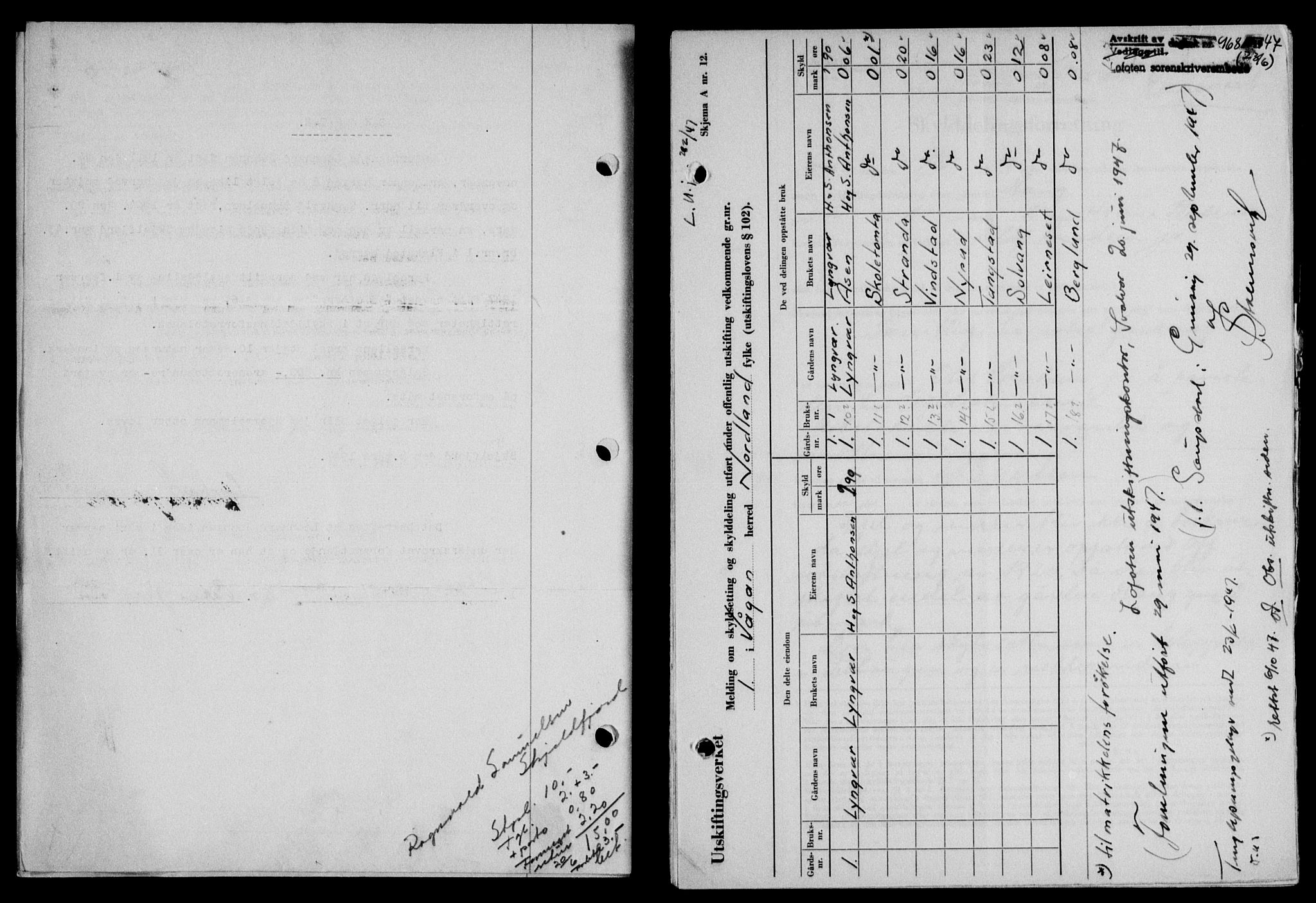 Lofoten sorenskriveri, SAT/A-0017/1/2/2C/L0016a: Mortgage book no. 16a, 1947-1947, Diary no: : 968/1947
