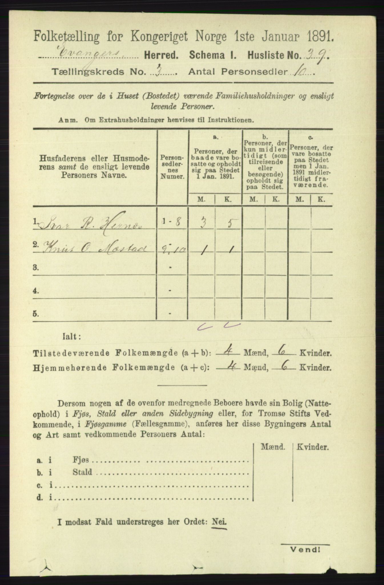 RA, 1891 census for 1237 Evanger, 1891, p. 847