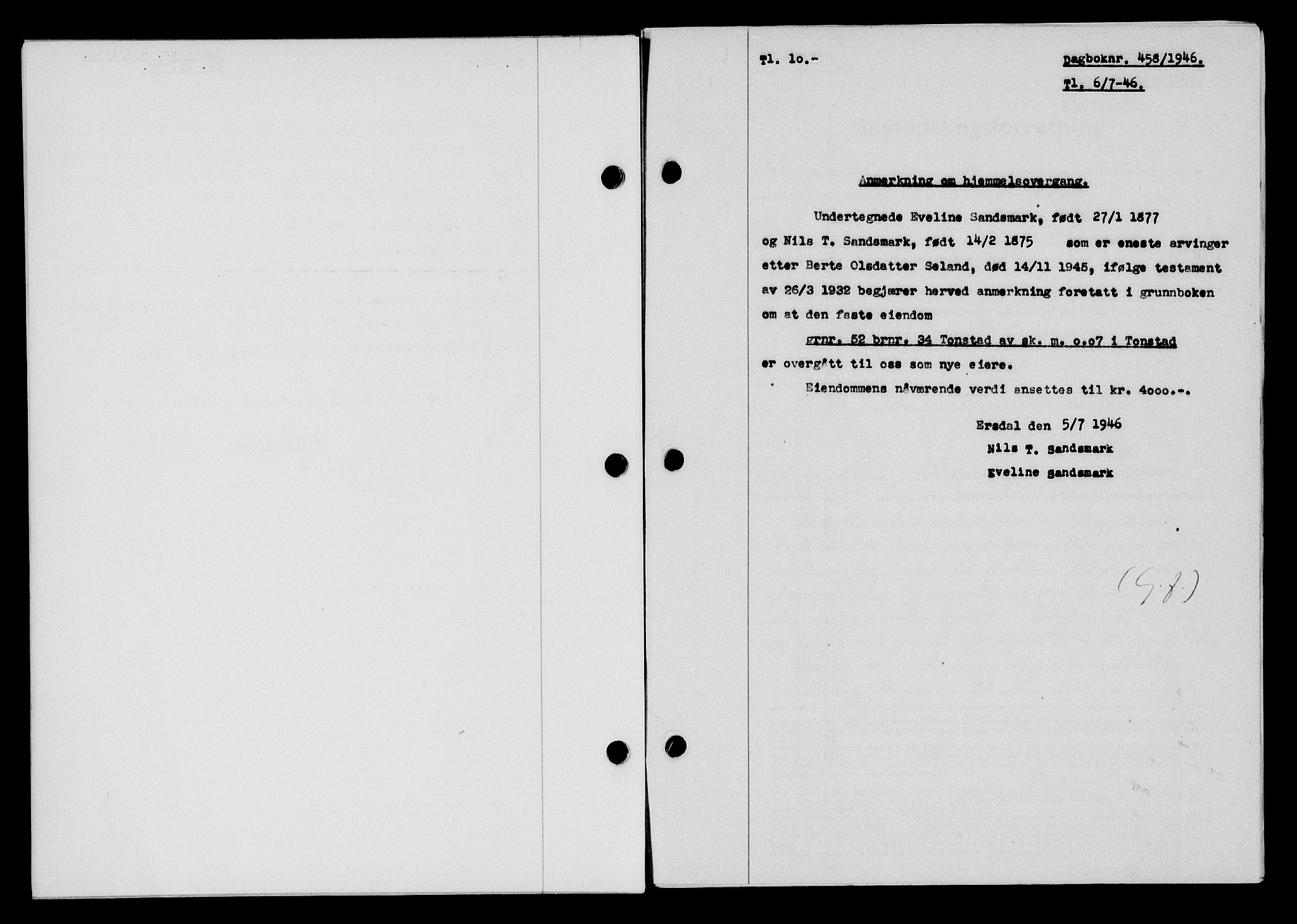 Flekkefjord sorenskriveri, SAK/1221-0001/G/Gb/Gba/L0060: Mortgage book no. A-8, 1945-1946, Diary no: : 458/1946