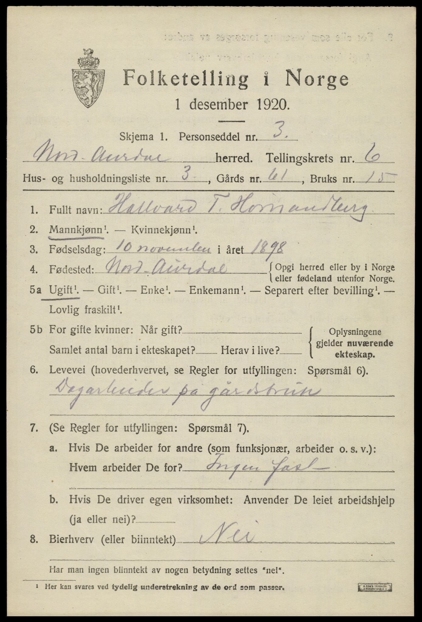 SAH, 1920 census for Nord-Aurdal, 1920, p. 5562