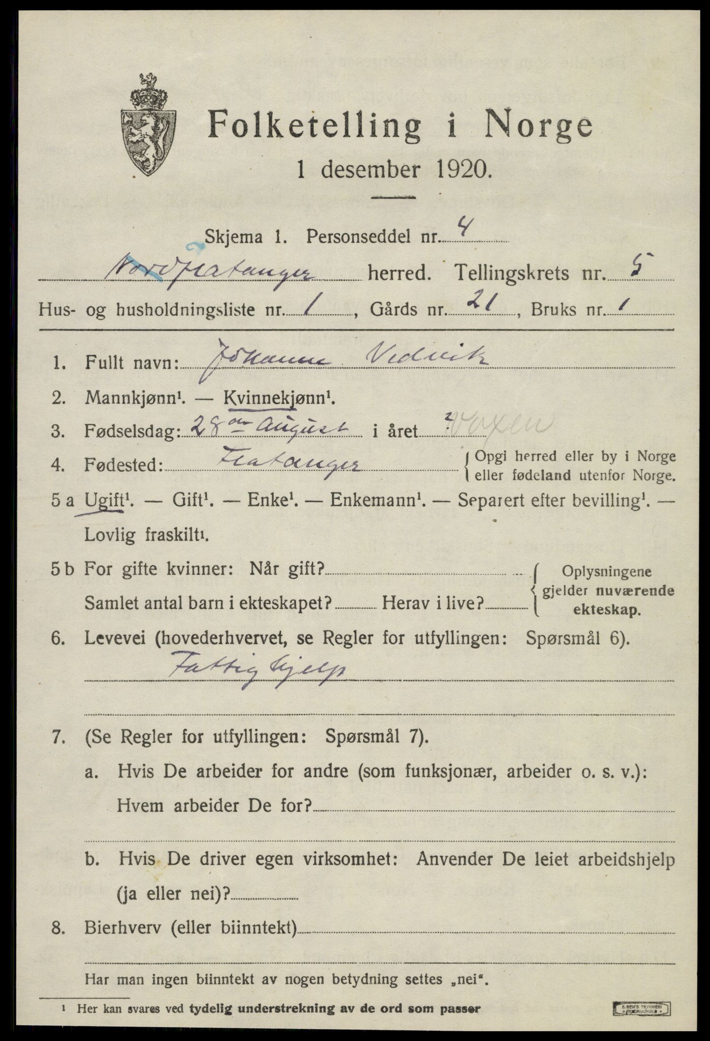 SAT, 1920 census for Flatanger, 1920, p. 2396