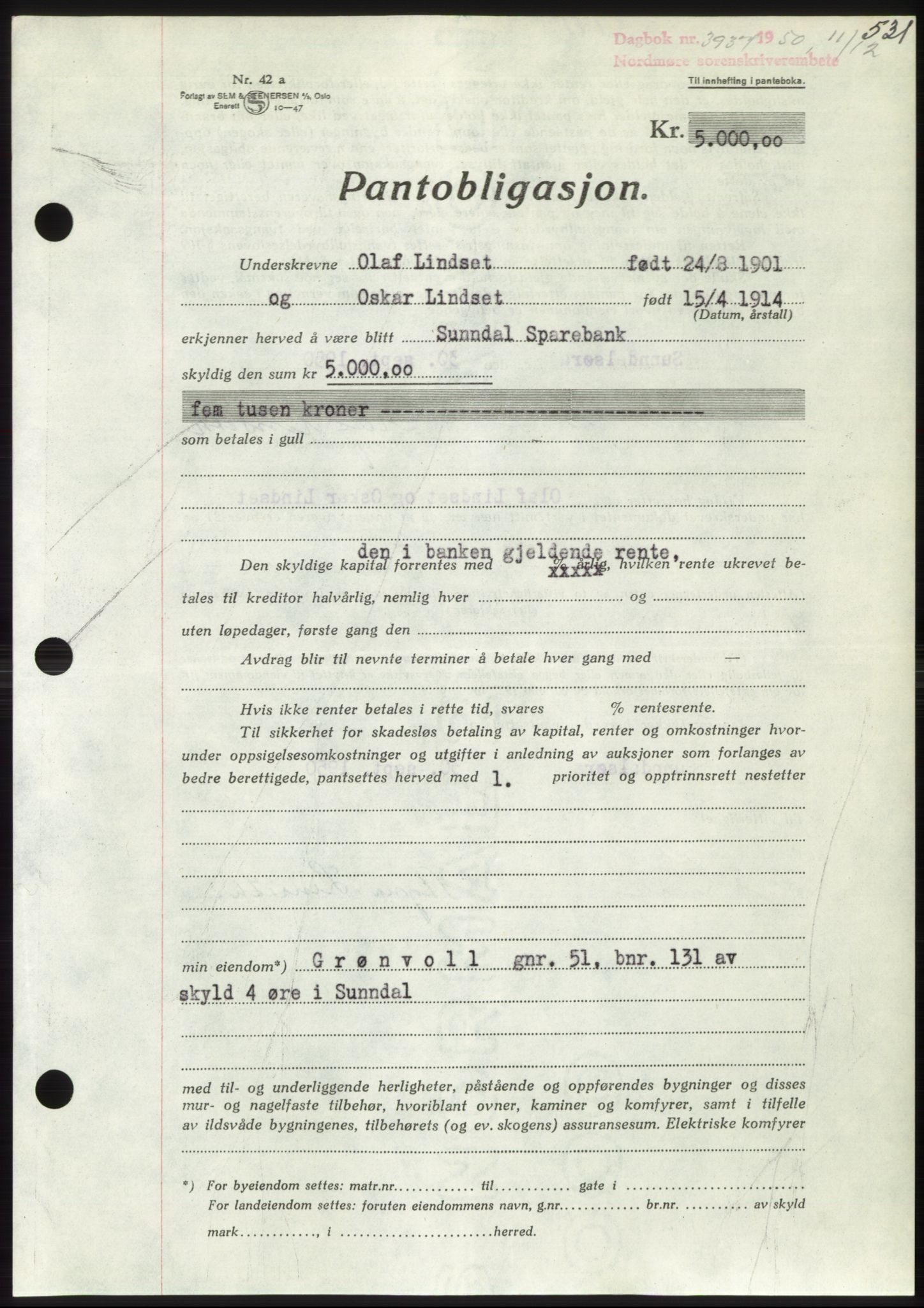 Nordmøre sorenskriveri, AV/SAT-A-4132/1/2/2Ca: Mortgage book no. B106, 1950-1950, Diary no: : 3937/1950