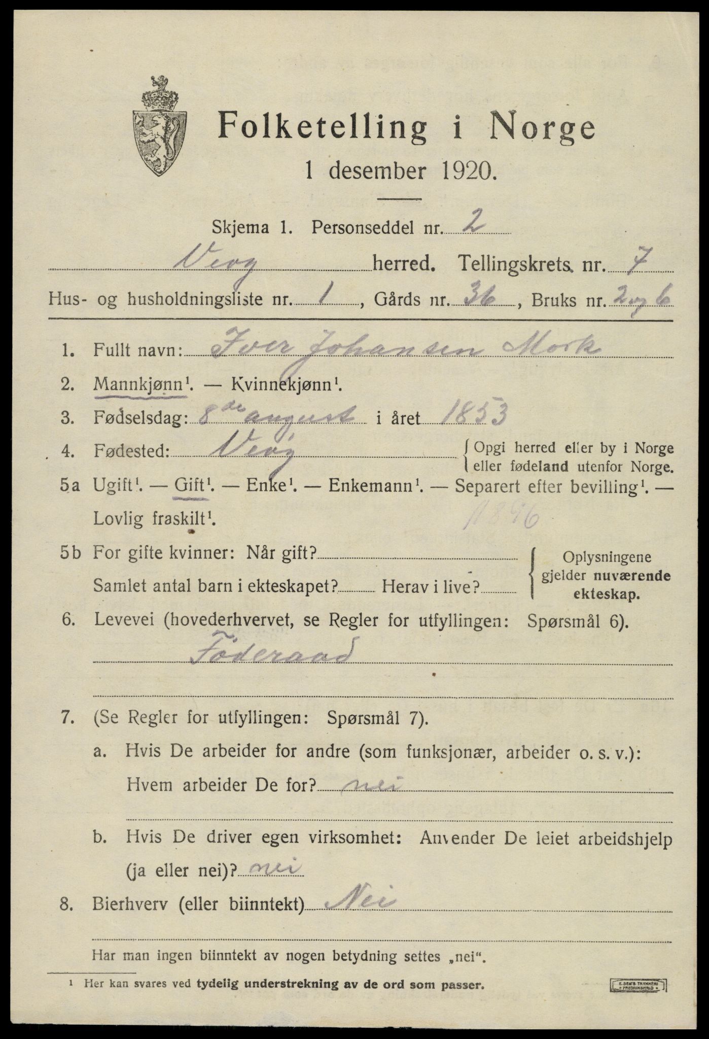 SAT, 1920 census for Veøy, 1920, p. 3079