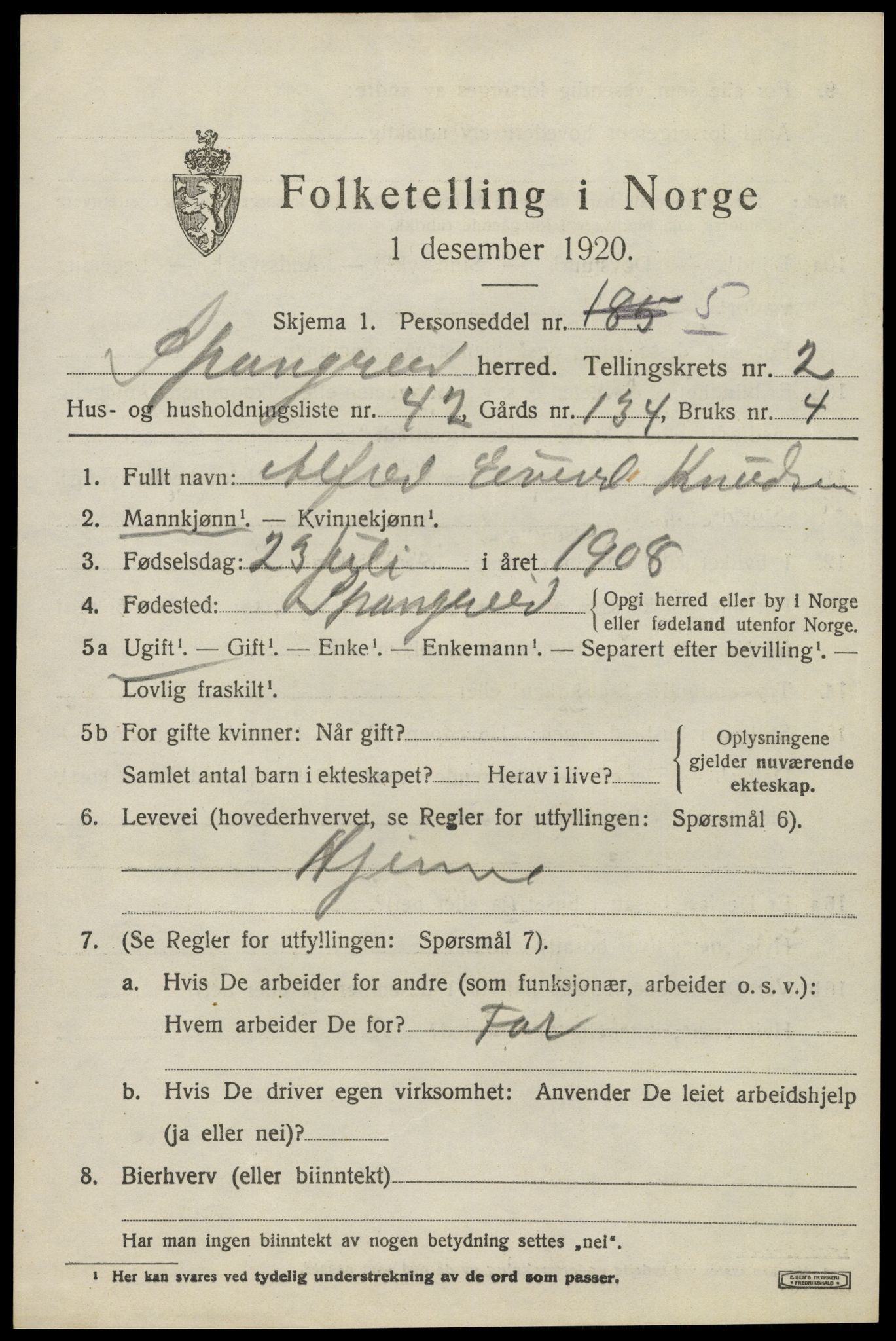 SAK, 1920 census for Spangereid, 1920, p. 1431