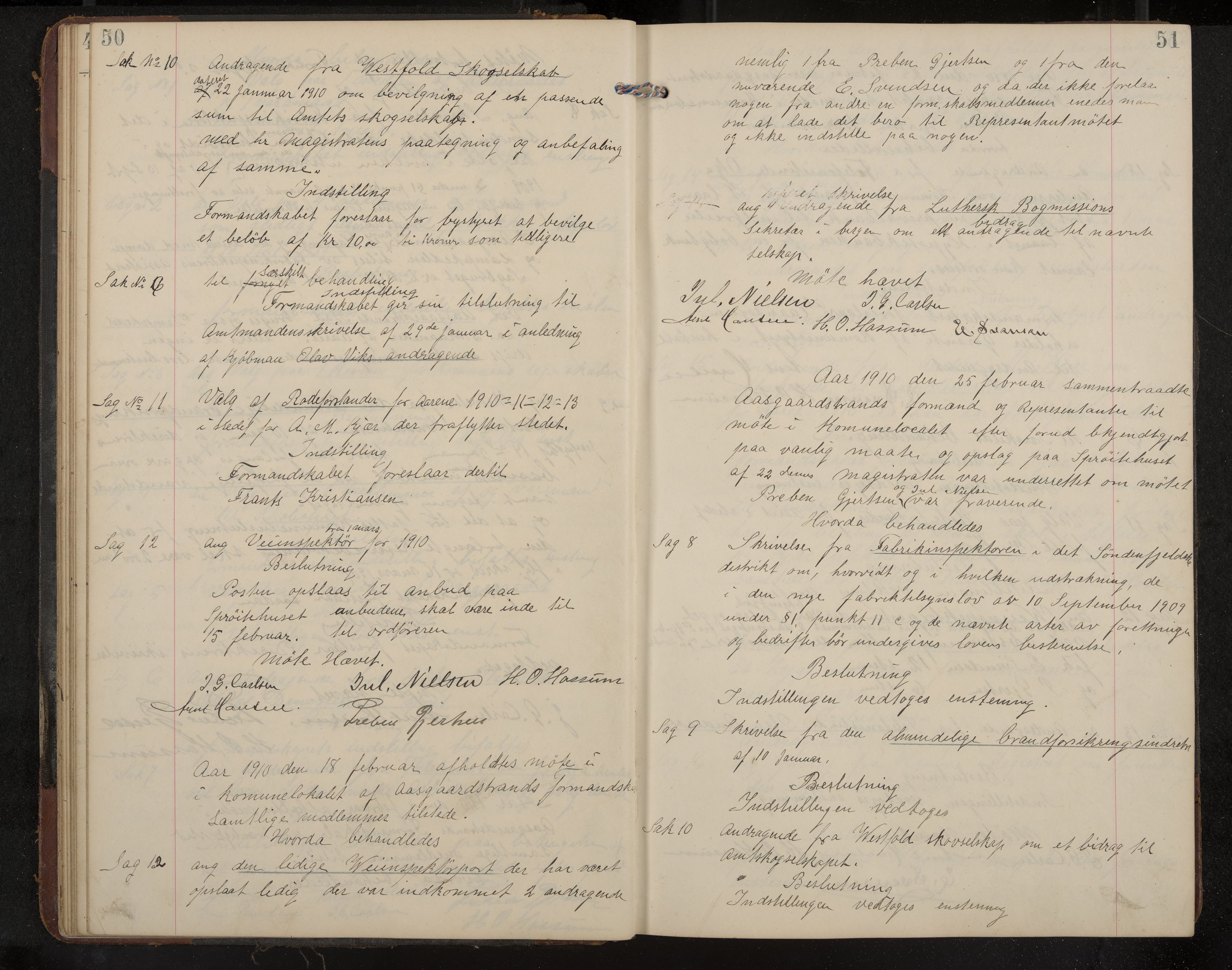 Åsgårdstrand formannskap og sentraladministrasjon, IKAK/0704021/A/L0004: Møtebok med register, 1908-1915, p. 50-51