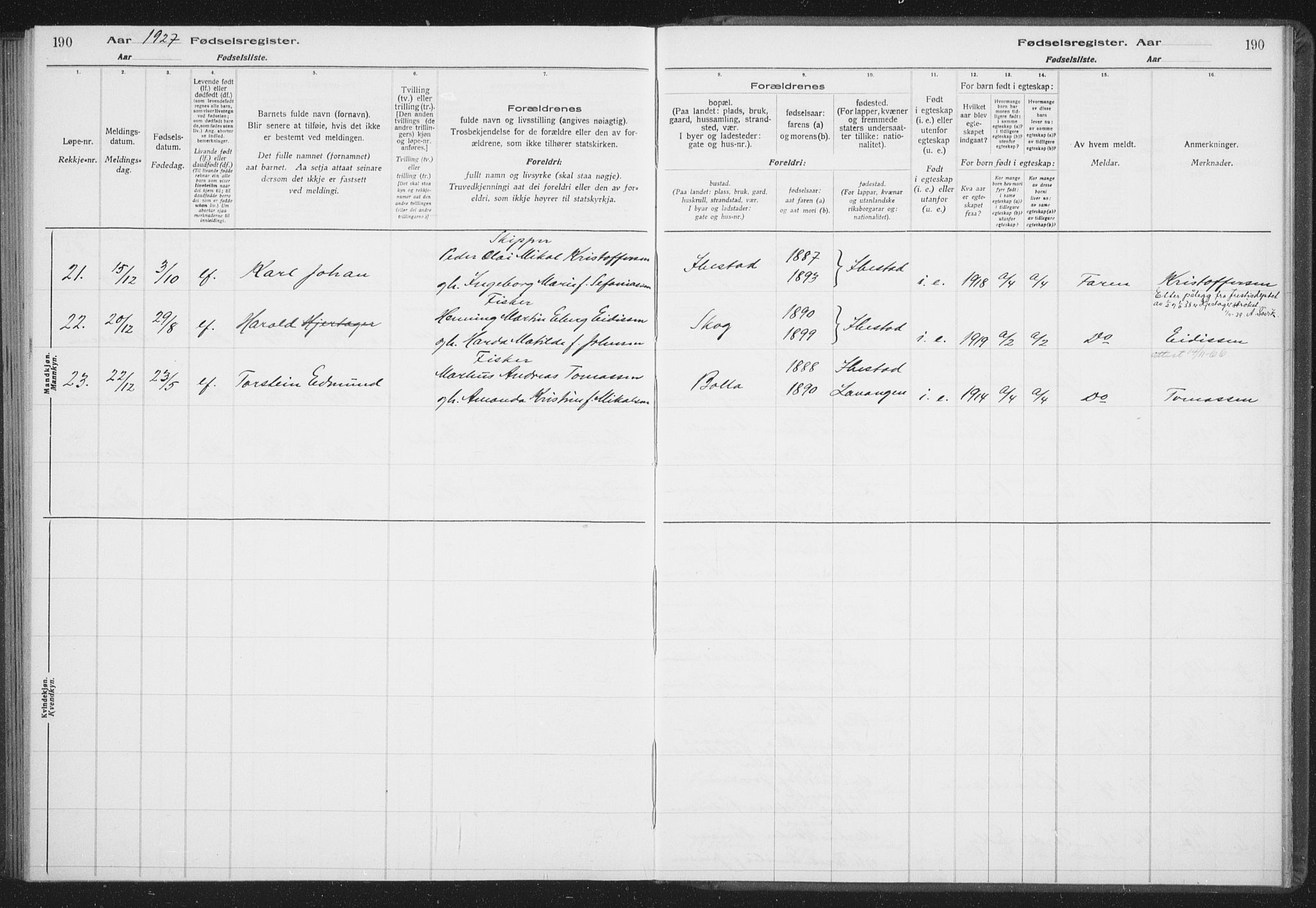 Ibestad sokneprestembete, SATØ/S-0077/I/Ic/L0061: Birth register no. 61, 1917-1929, p. 190