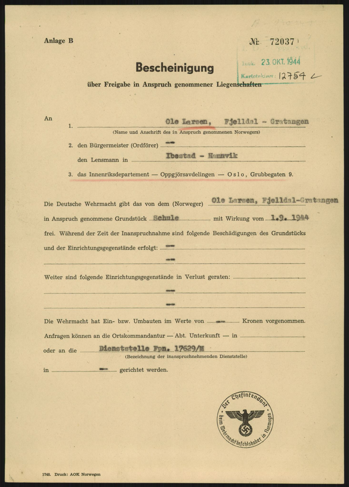 Forsvarsdepartementet, 10. kontor / Oppgjørskontoret, AV/RA-RAFA-1225/D/Dd/L0480: Troms, 1942-1953, p. 56