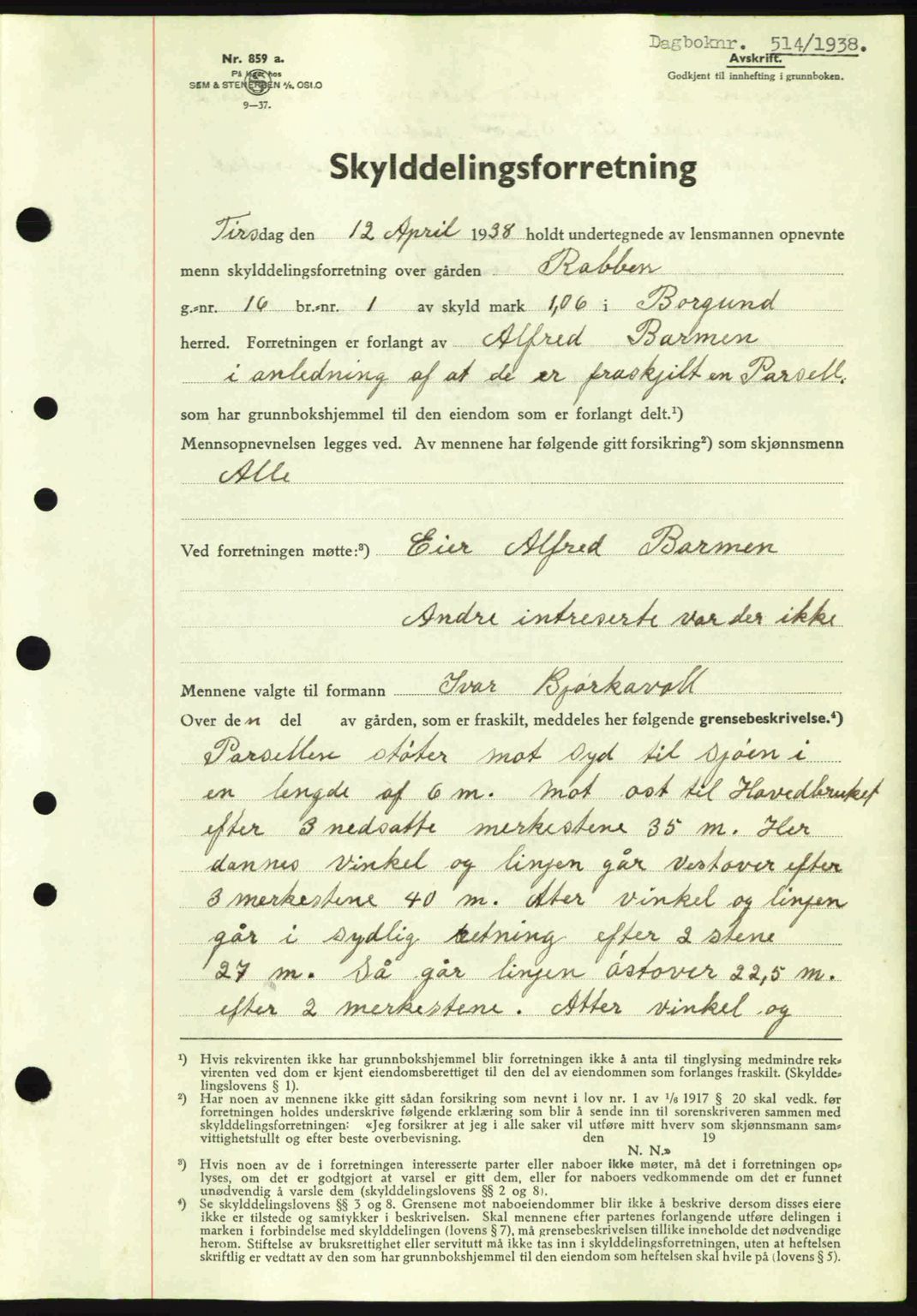 Nordre Sunnmøre sorenskriveri, AV/SAT-A-0006/1/2/2C/2Ca: Mortgage book no. A4, 1937-1938, Diary no: : 514/1938