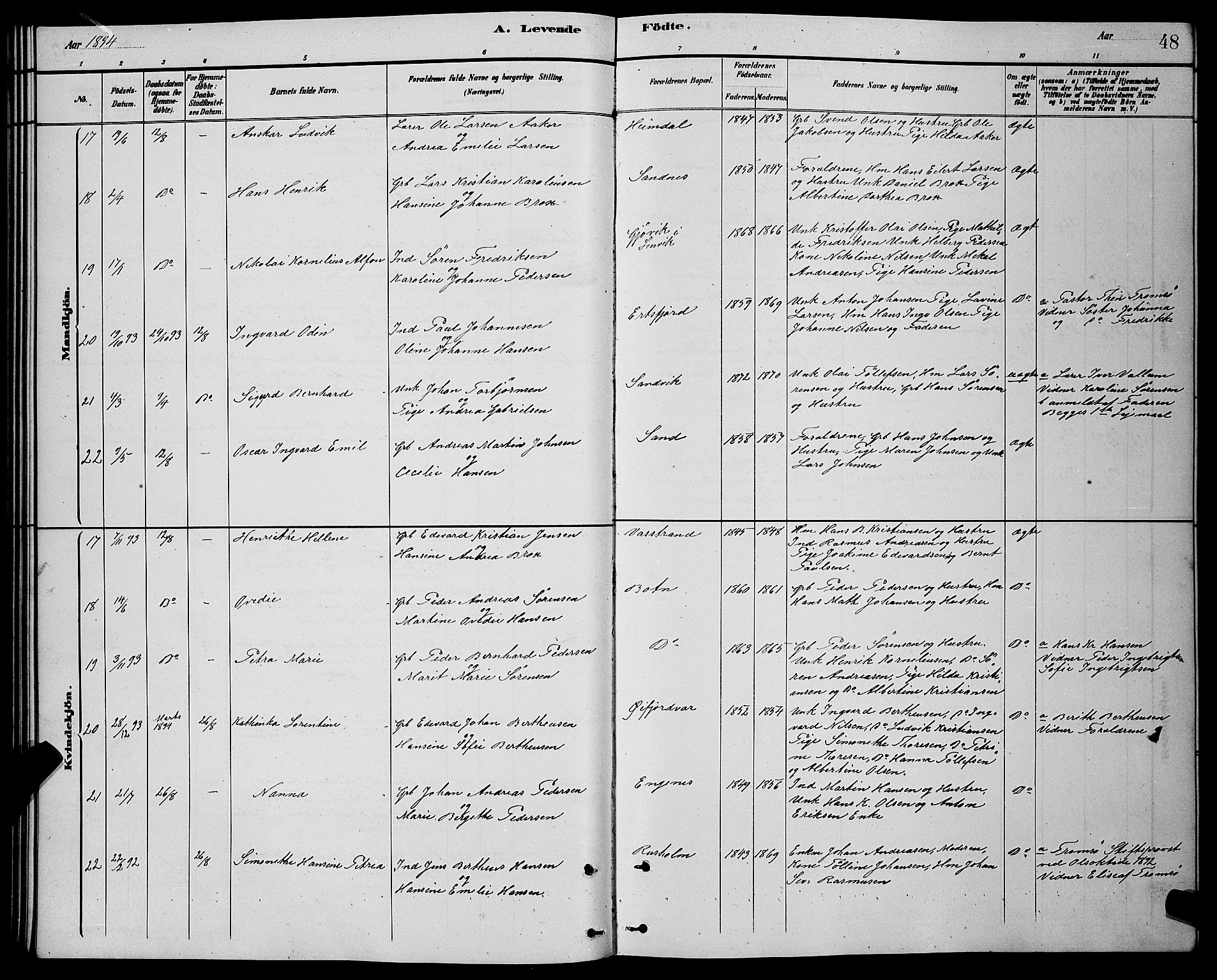 Lenvik sokneprestembete, AV/SATØ-S-1310/H/Ha/Hab/L0021klokker: Parish register (copy) no. 21, 1884-1900, p. 48