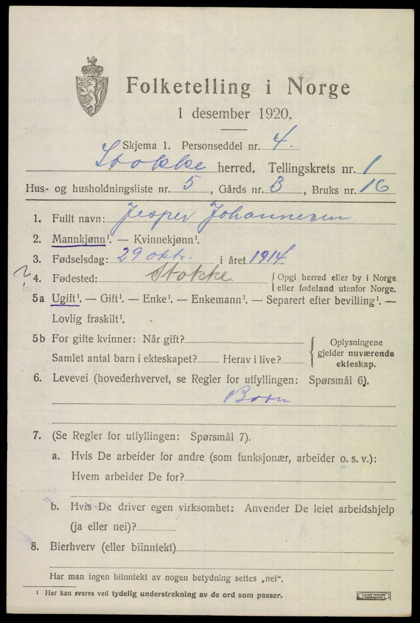 SAKO, 1920 census for Stokke, 1920, p. 2080
