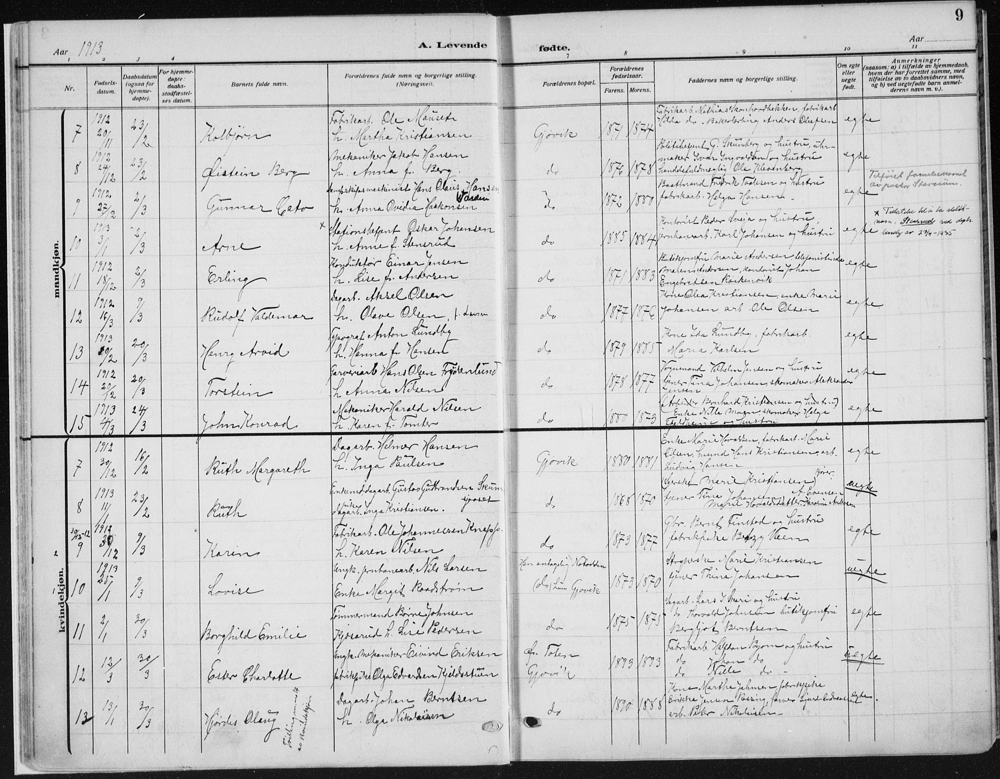 Vardal prestekontor, AV/SAH-PREST-100/H/Ha/Haa/L0014: Parish register (official) no. 14, 1912-1922, p. 9
