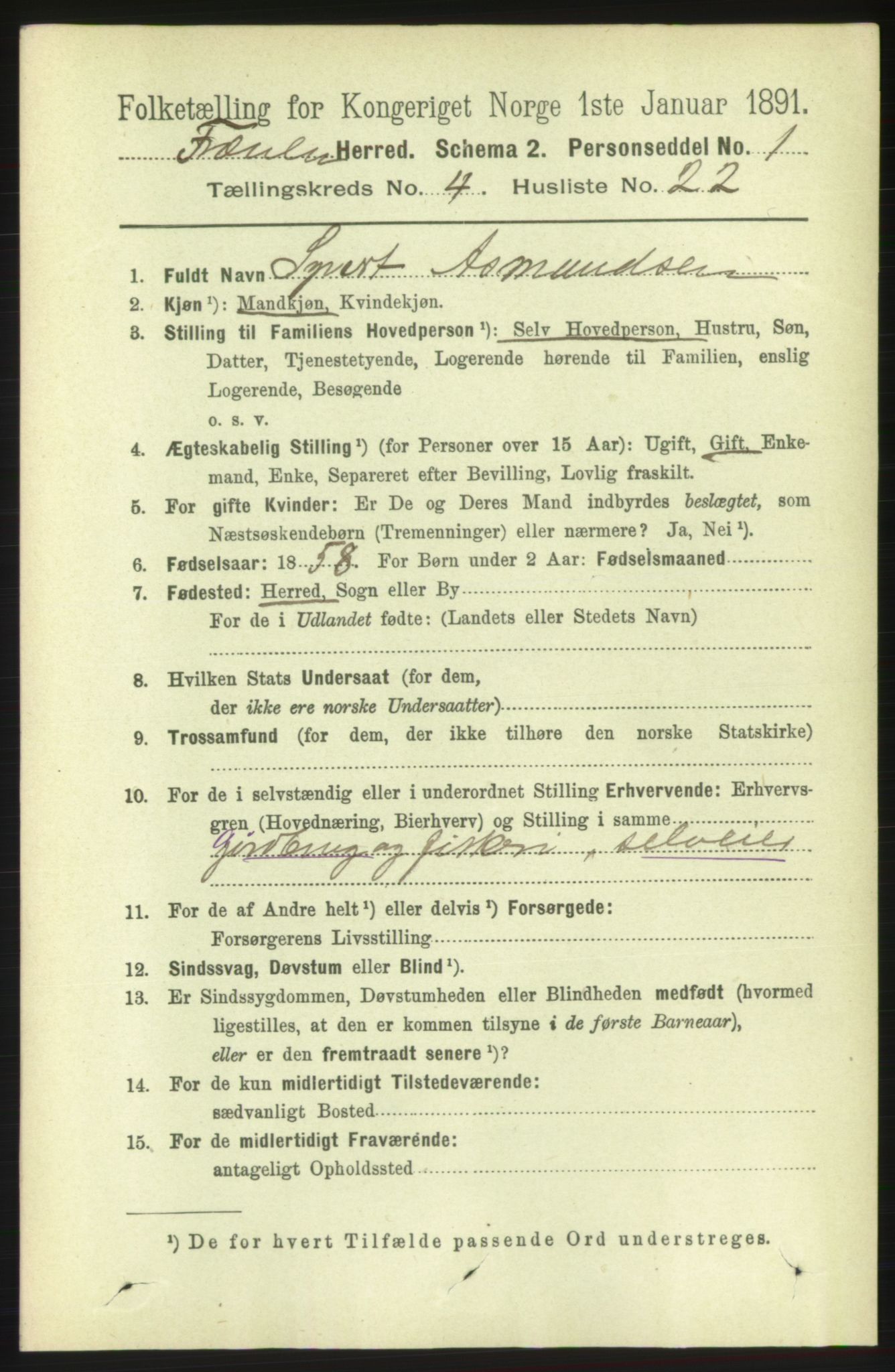 RA, 1891 census for 1548 Fræna, 1891, p. 1254