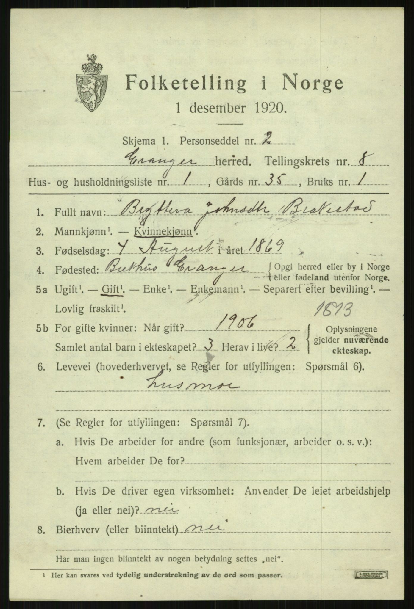 SAB, 1920 census for Evanger, 1920, p. 2481