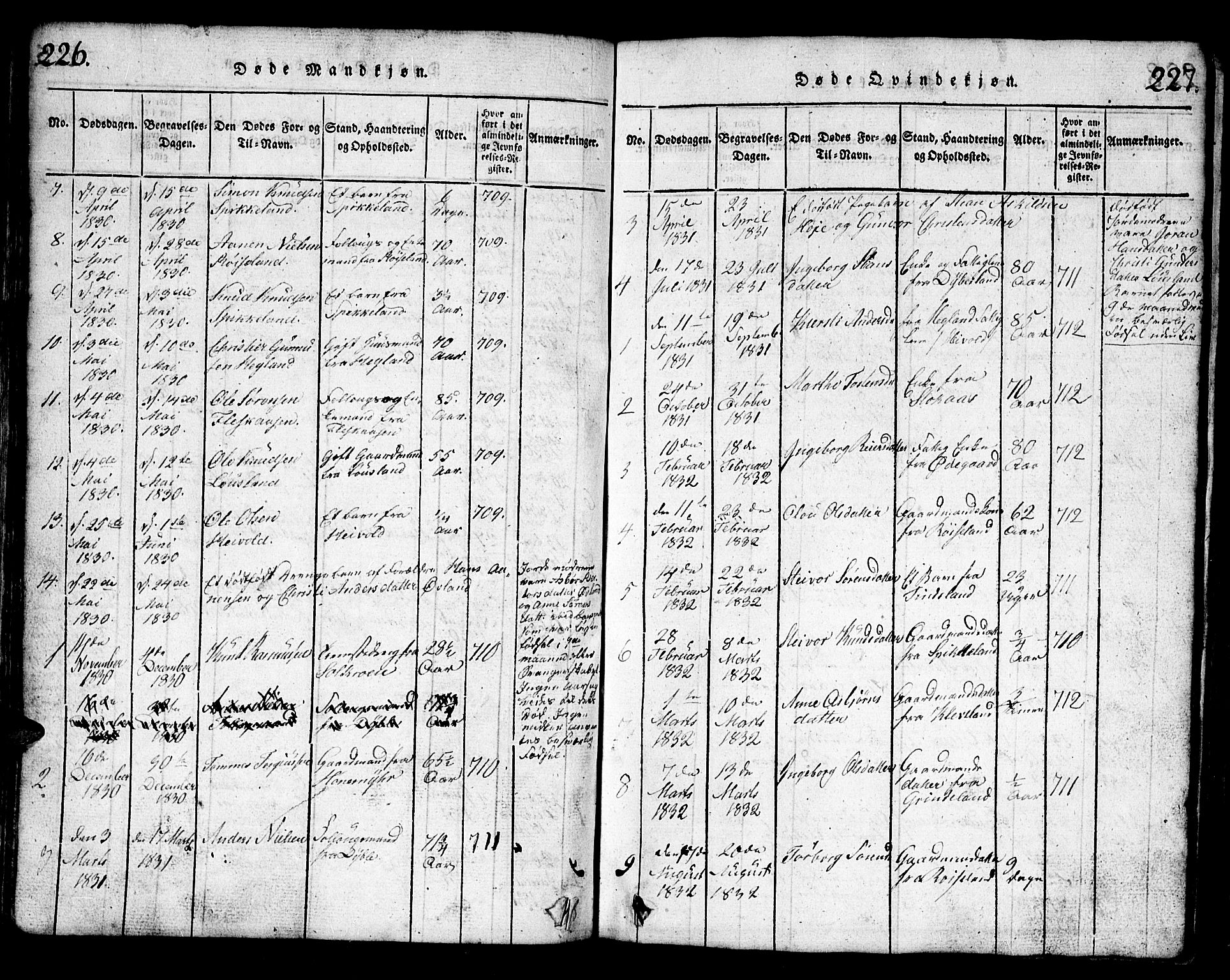 Bjelland sokneprestkontor, AV/SAK-1111-0005/F/Fb/Fbb/L0003: Parish register (copy) no. B 3, 1816-1868, p. 226-227