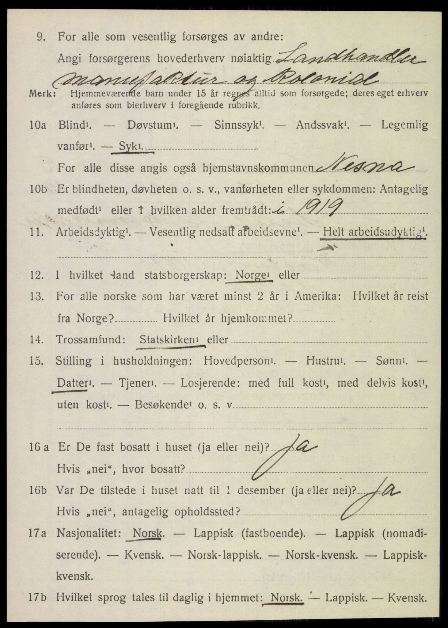 SAT, 1920 census for Nesna, 1920, p. 3224