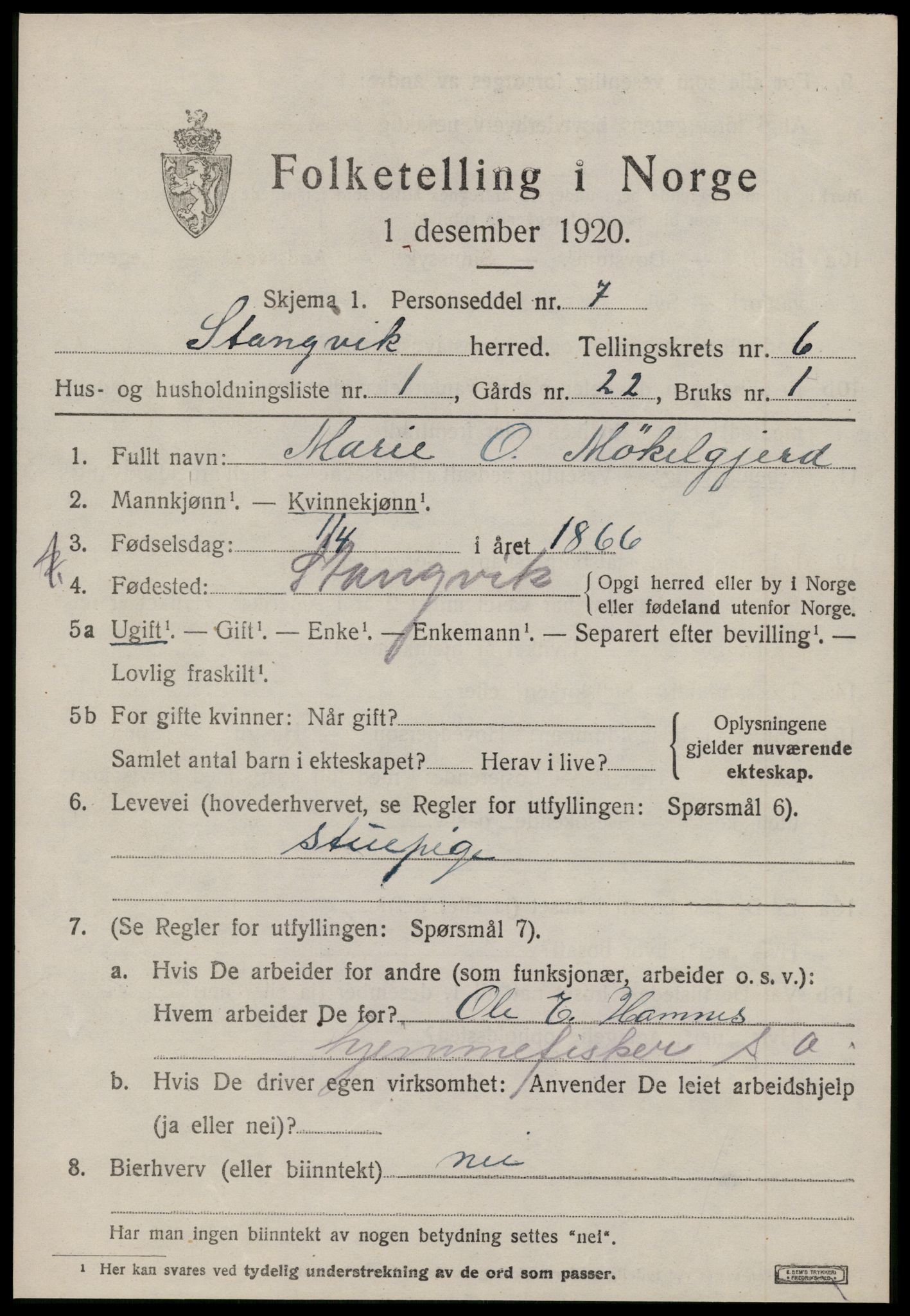 SAT, 1920 census for Stangvik, 1920, p. 3836