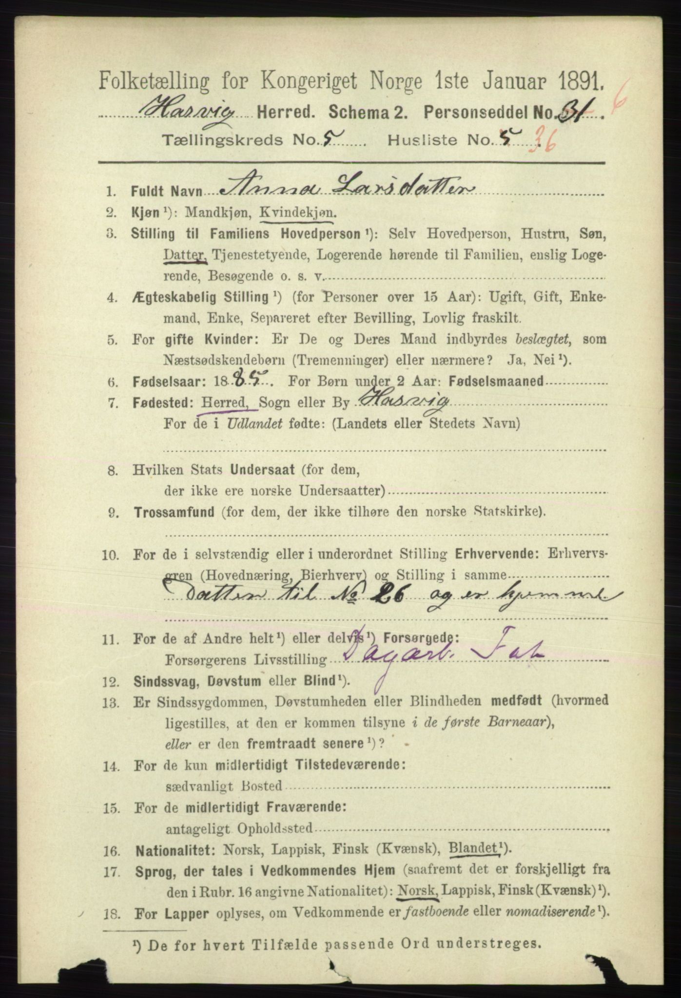 RA, 1891 census for 2015 Hasvik, 1891, p. 852