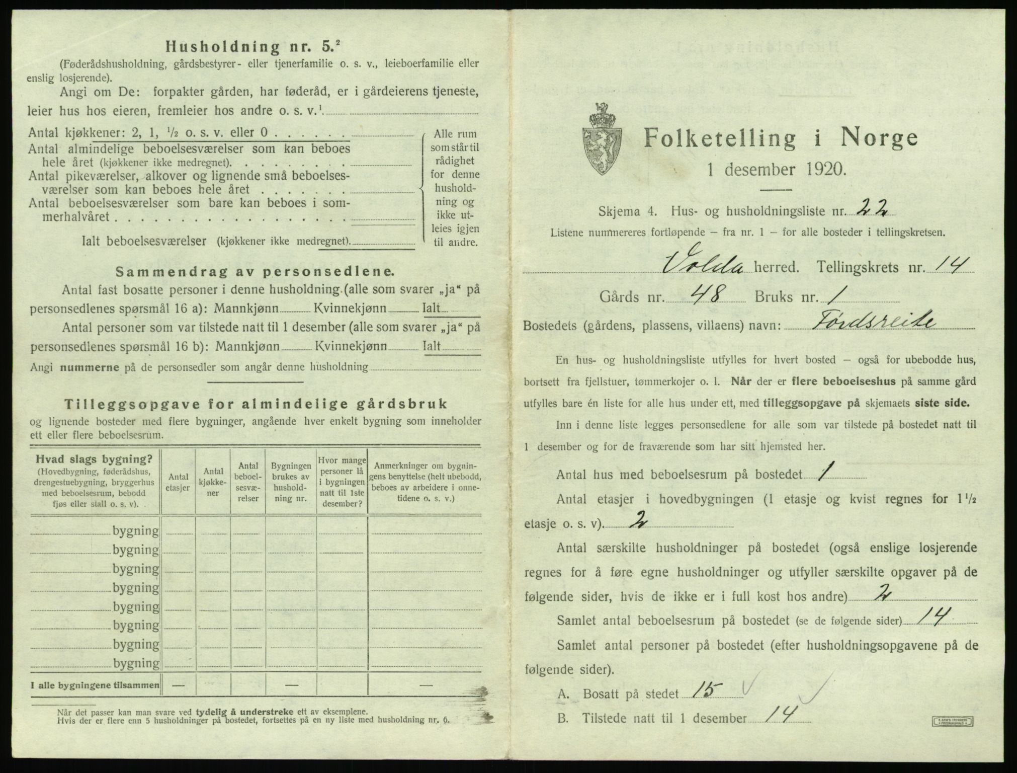 SAT, 1920 census for Volda, 1920, p. 1140