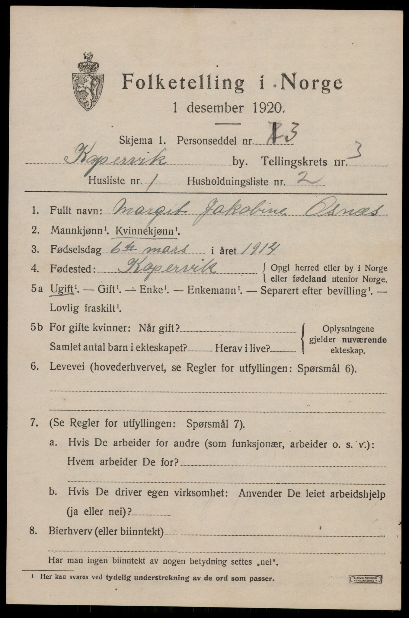 SAST, 1920 census for Kopervik, 1920, p. 4108