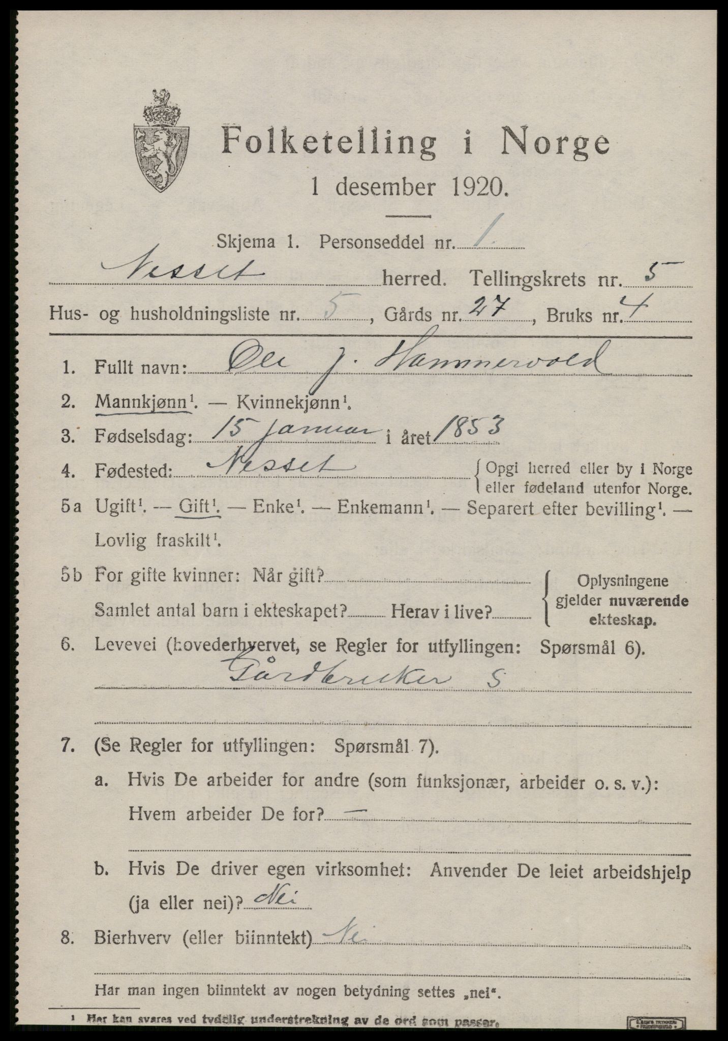 SAT, 1920 census for Nesset, 1920, p. 2250