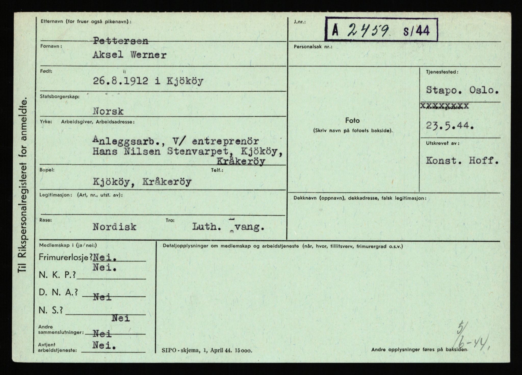 Statspolitiet - Hovedkontoret / Osloavdelingen, AV/RA-S-1329/C/Ca/L0012: Oanæs - Quistgaard	, 1943-1945, p. 3944