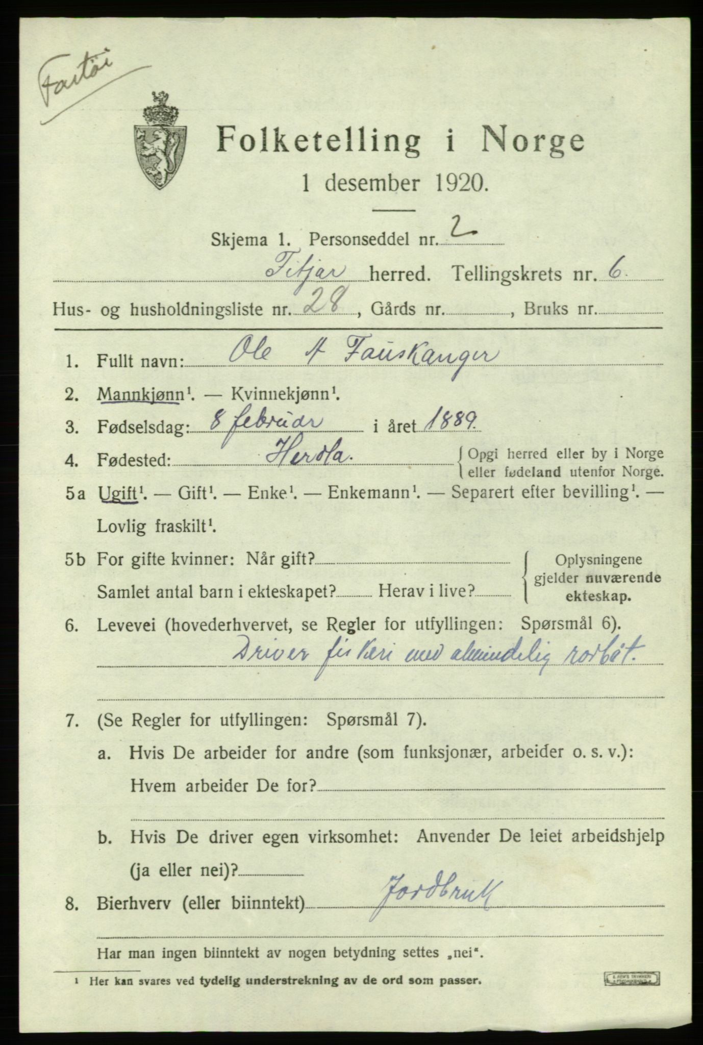 SAB, 1920 census for Fitjar, 1920, p. 3130