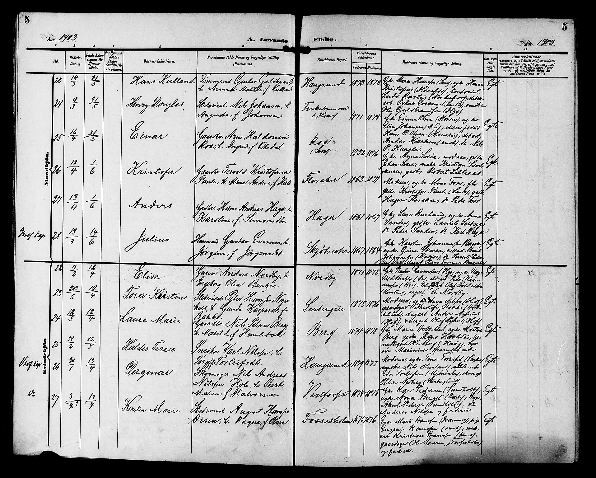 Eiker kirkebøker, AV/SAKO-A-4/G/Ga/L0008: Parish register (copy) no. I 8, 1903-1914, p. 5